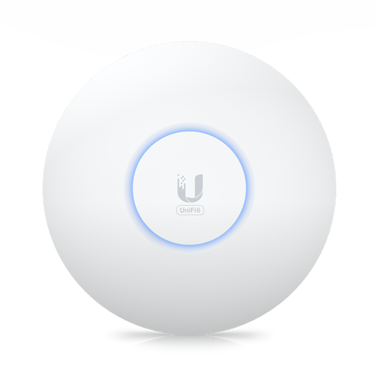 Een wit, rond WiFi-toegangspunt met een blauw licht.