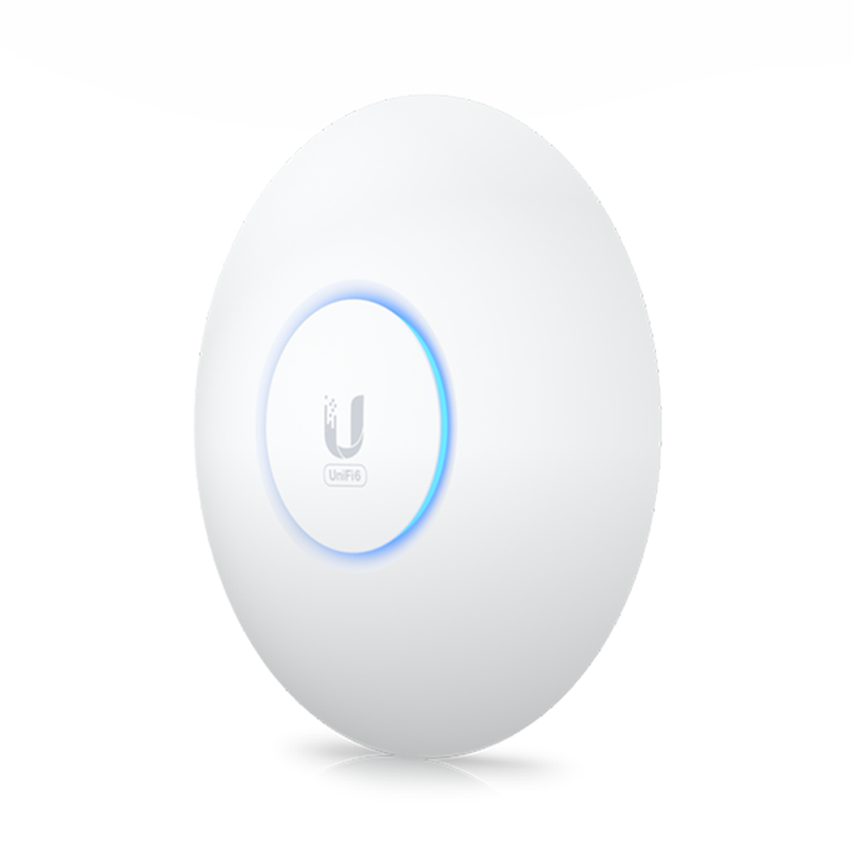 Een wit, rond Wi-Fi toegangspunt met een blauwe lichtring.