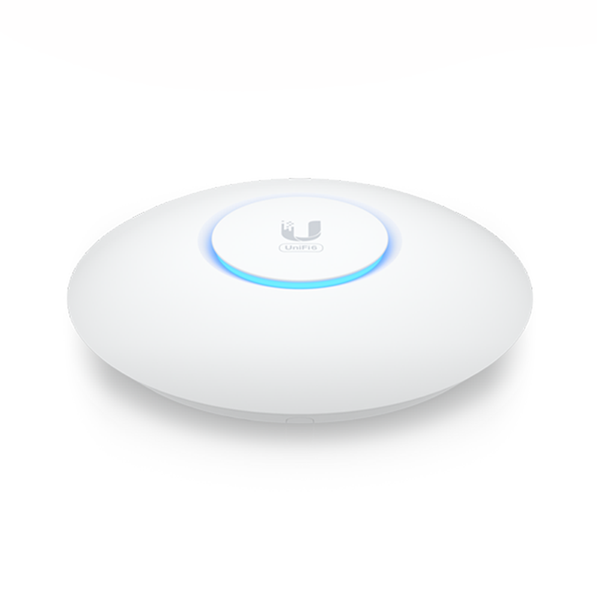 Witte, ronde wifi-toegangspunt met een blauwe lichtring. Het UniFi-logo staat in het midden.