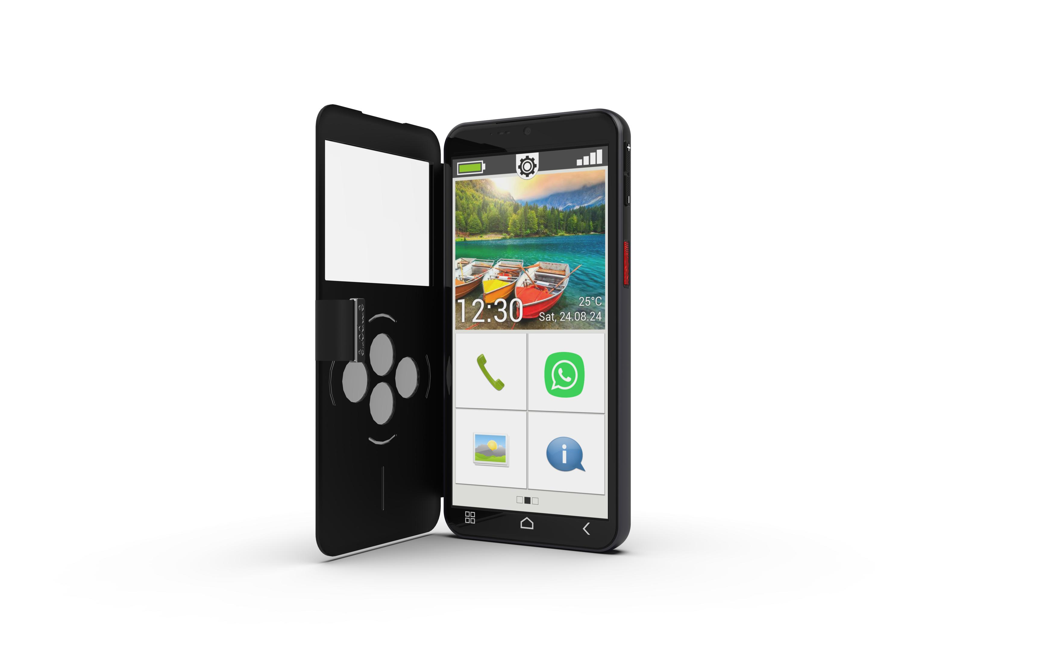 Ein schwarzes Smartphone mit einem Bildschirm, der Symbole anzeigt, und einer teilweisen Abdeckung, vor weißem Hintergrund.