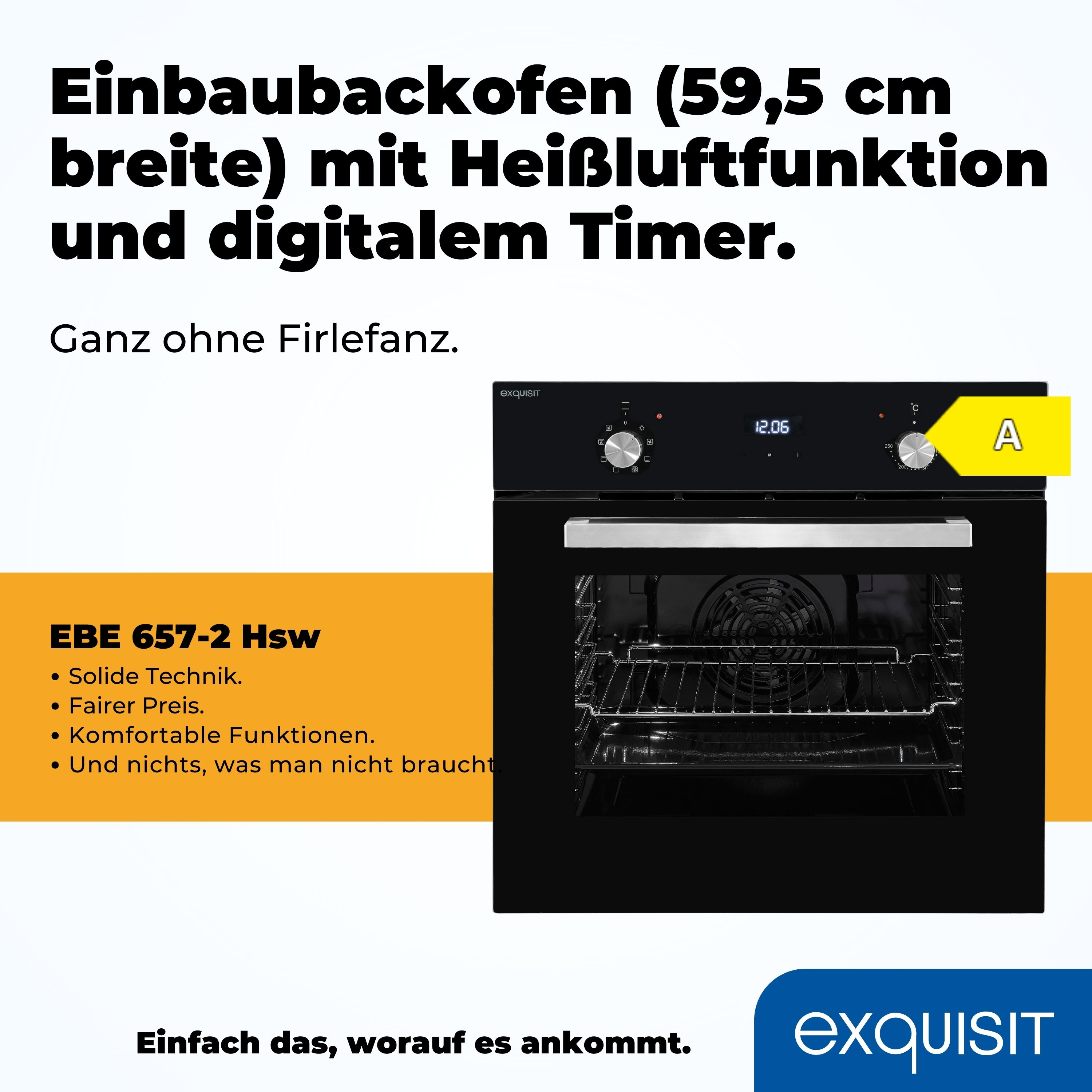 Ein schwarzer Einbaubackofen mit digitaler Zeitschaltuhr und einem Etikett, das die Energieeffizienz anzeigt.