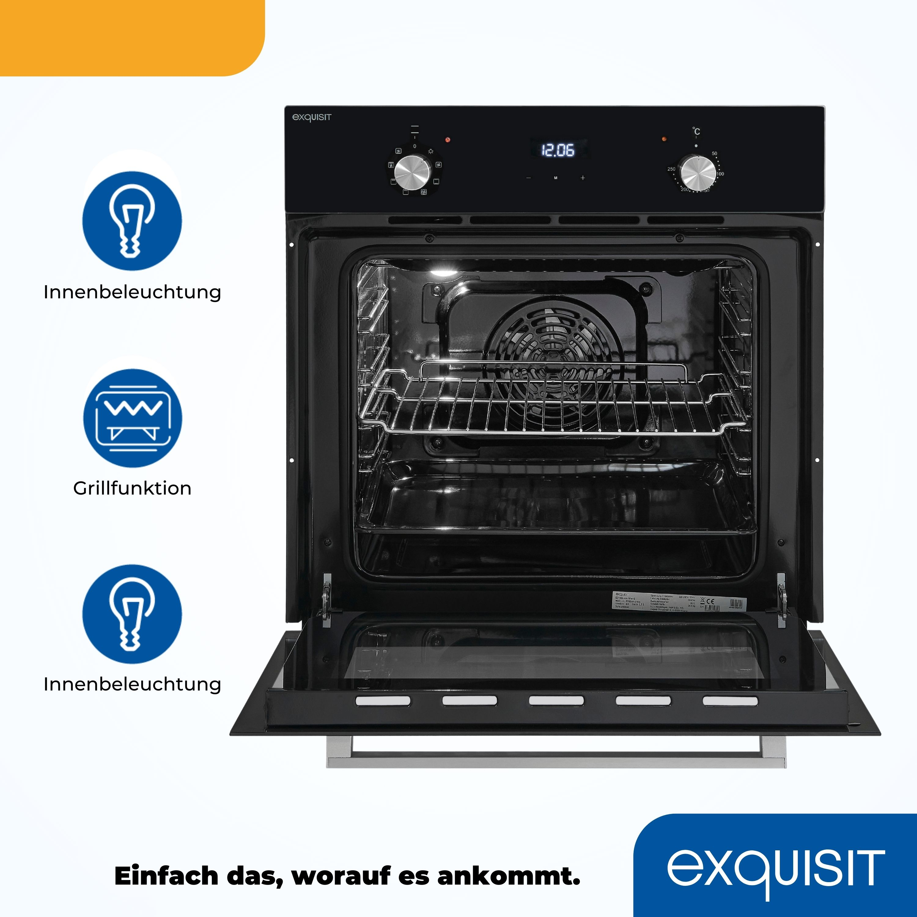 Schwarzer Backofen mit geöffneter Tür, zeigt das Innere mit Rosten. Text und Logos vorne.