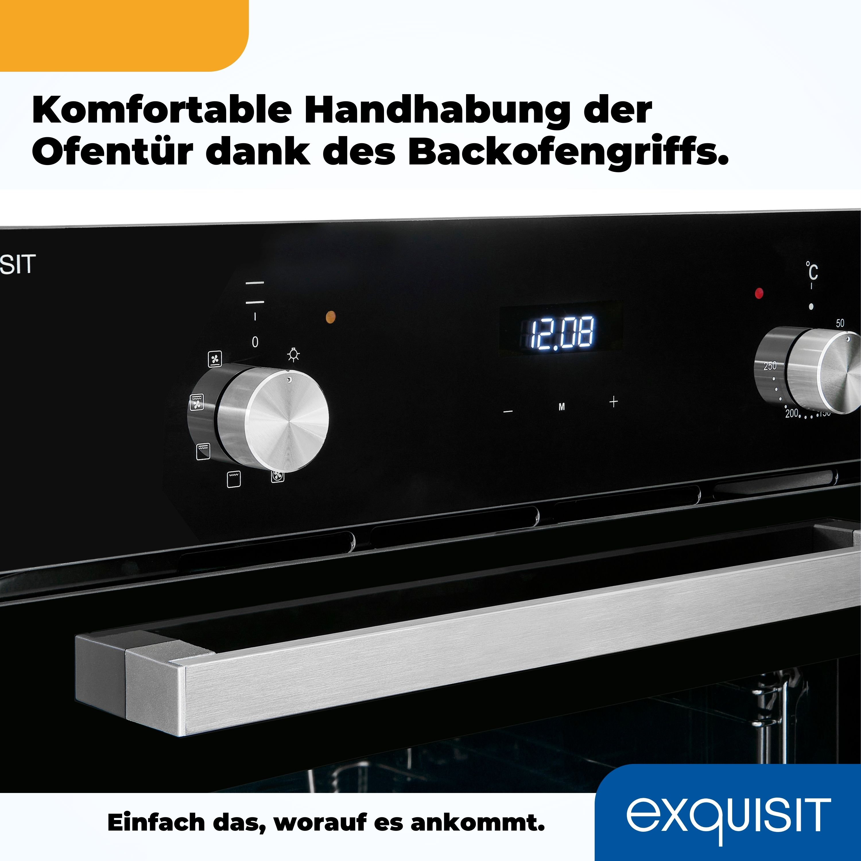 Schwarzer Backofen mit Bedienfeld. Der Text auf dem Ofen lautet 'exquisit'. Silberner Griff.