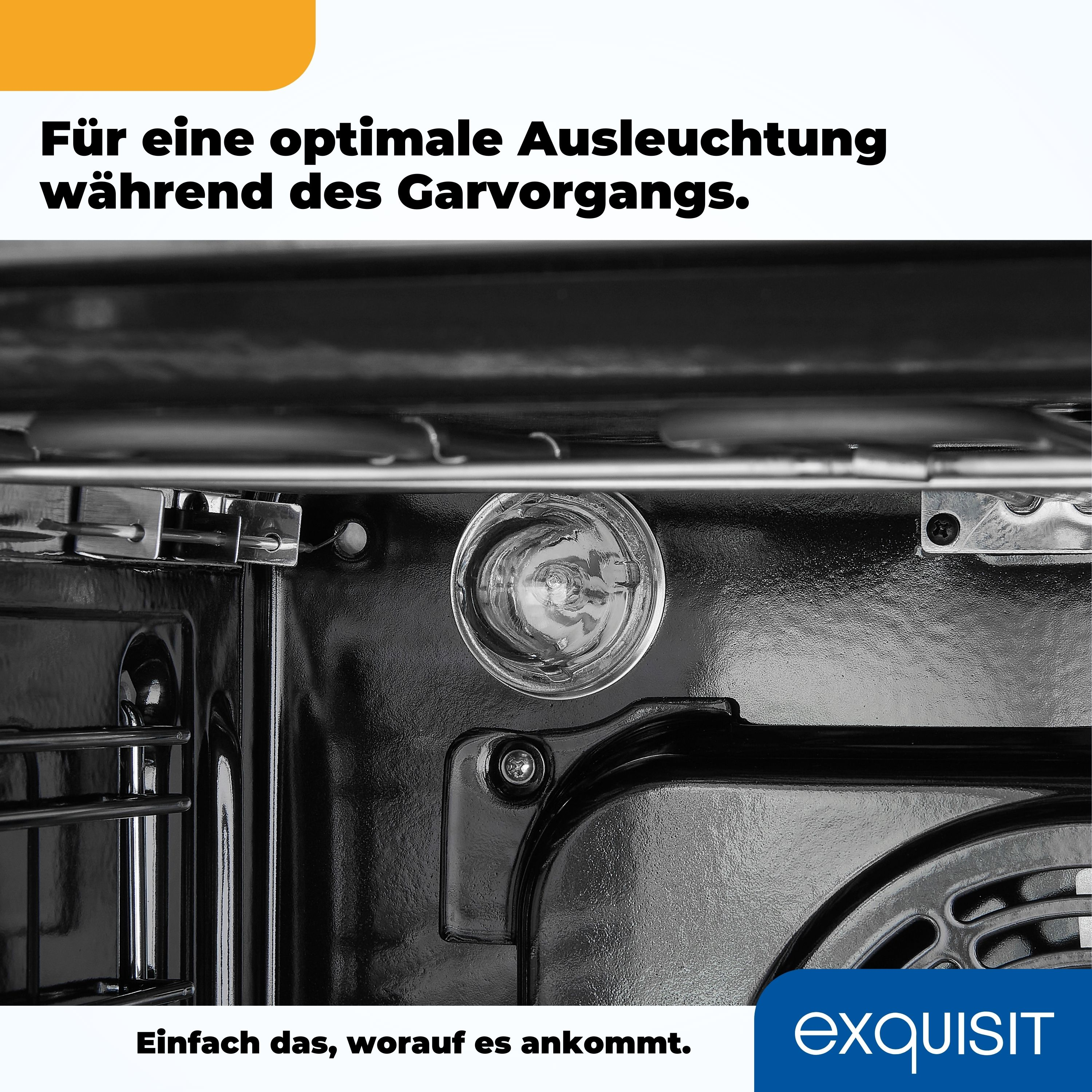 Nahaufnahme eines Ofeninneren mit einer leuchtenden Glühbirne. Schwarzes Ofeninnere.