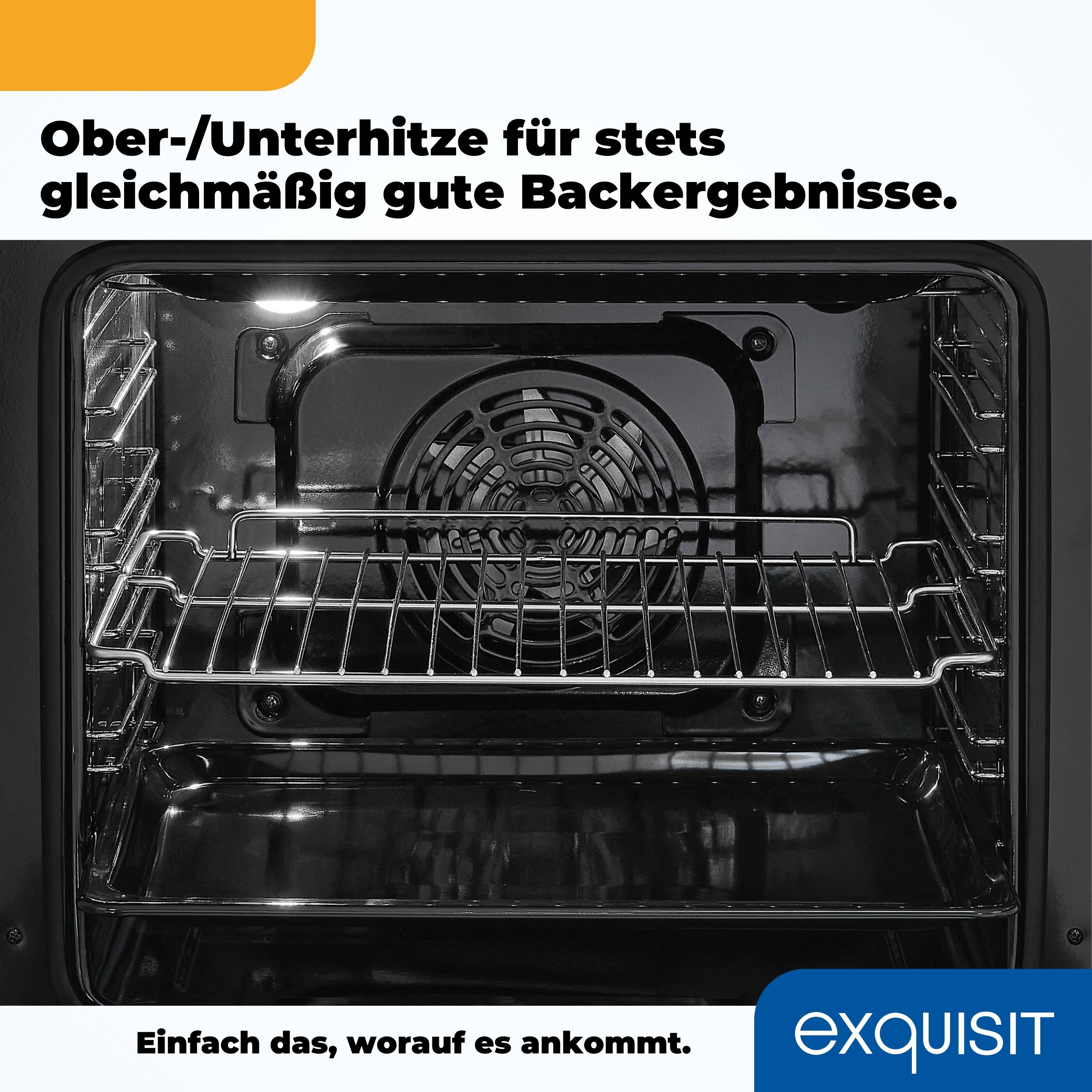Backofen-Innenraum mit Ventilator. Der Innenraum ist schwarz mit einem Metallrost.