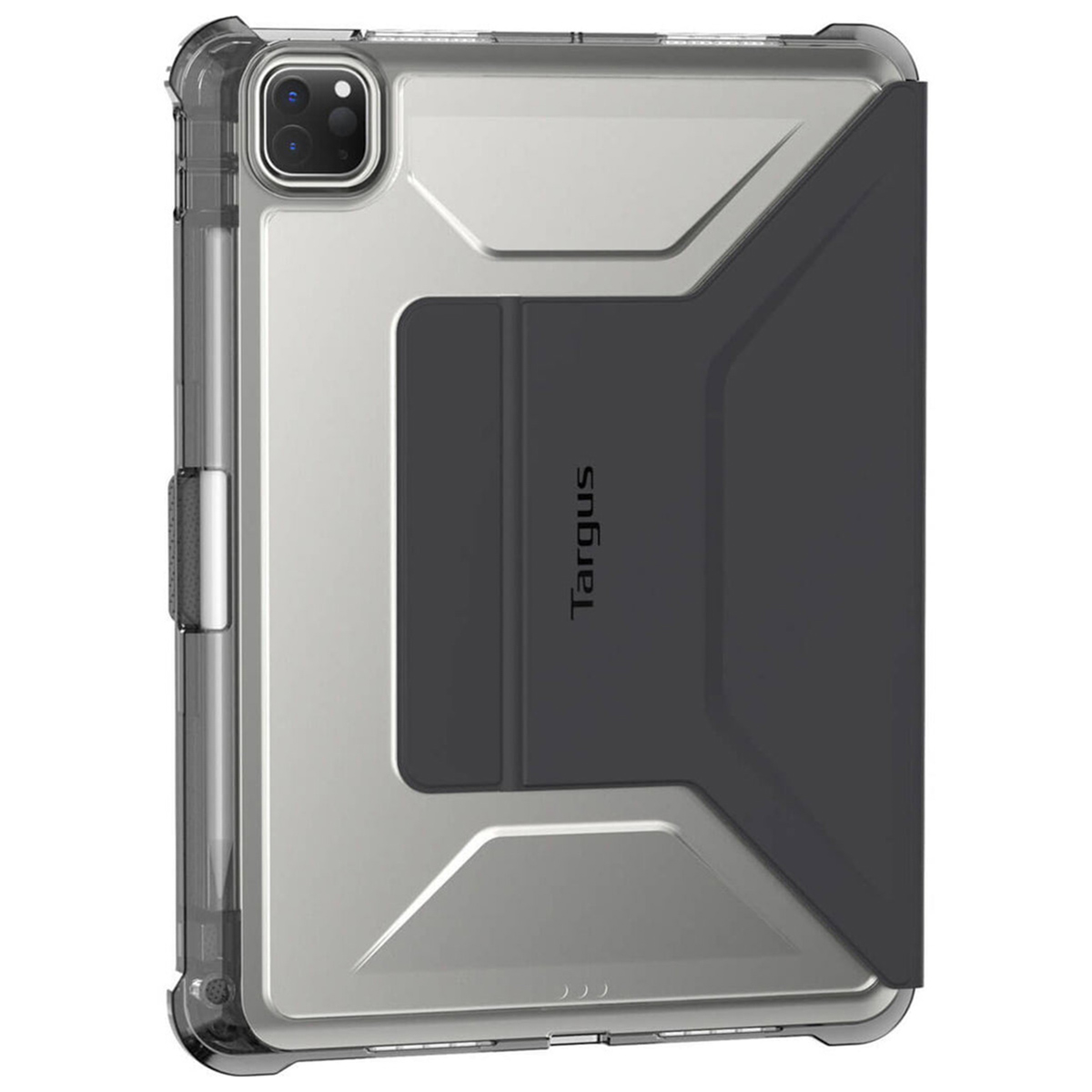 Clear iPad case with black accents. The back has a gray section, the Targus logo is visible.