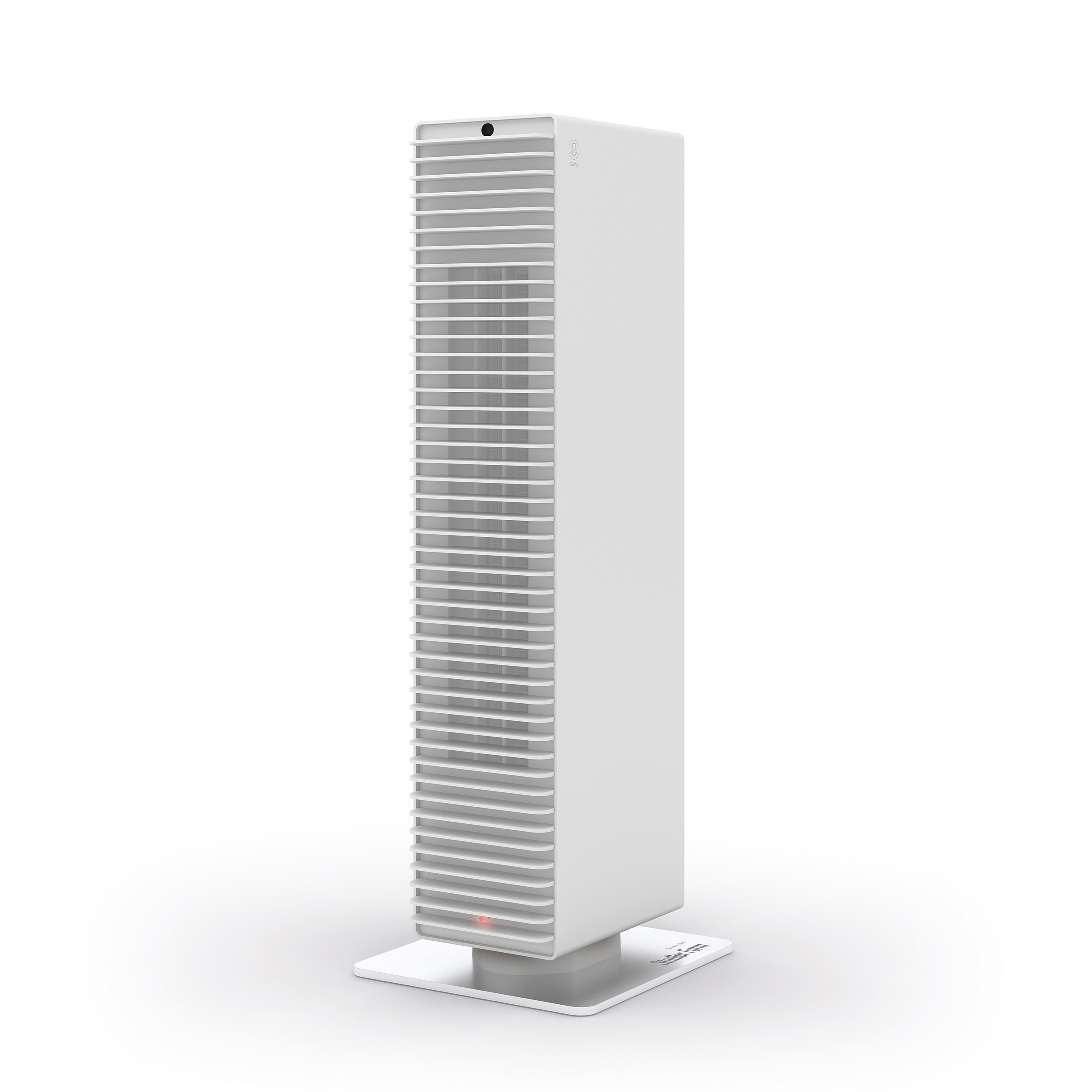 Hoge, witte, verticale luchtreiniger, met horizontale ventilatieopeningen, op een witte basis. Witte achtergrond.