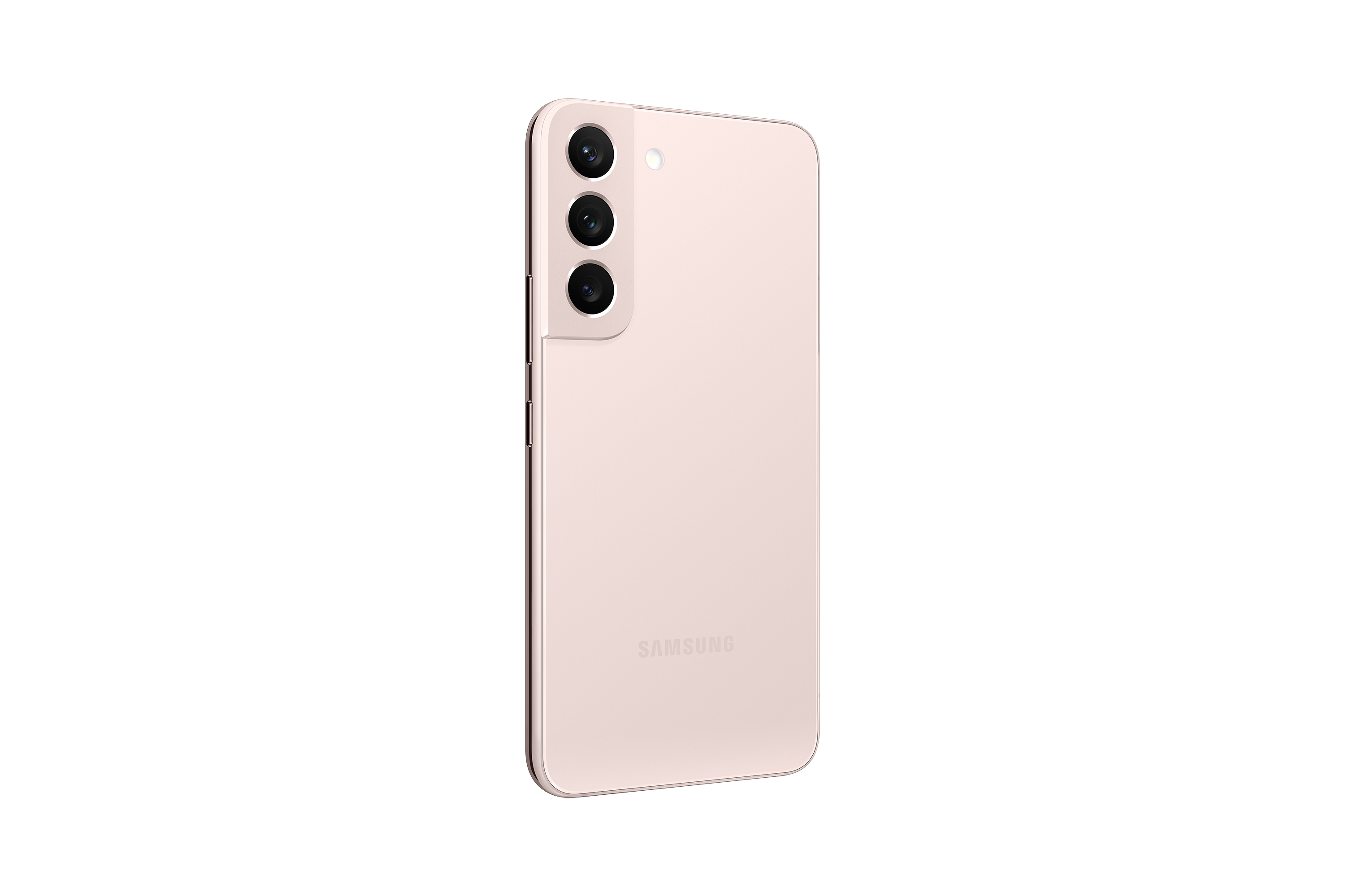 Un telefono Samsung rosa, con tre fotocamere sul retro.