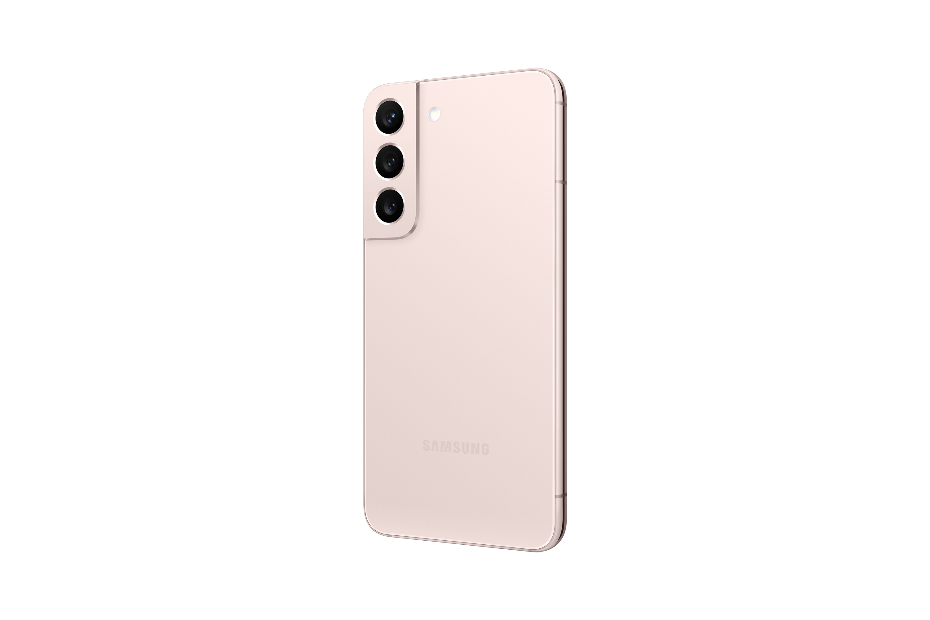Telefono rosa angolato, che mostra il retro con fotocamera, su sfondo bianco.