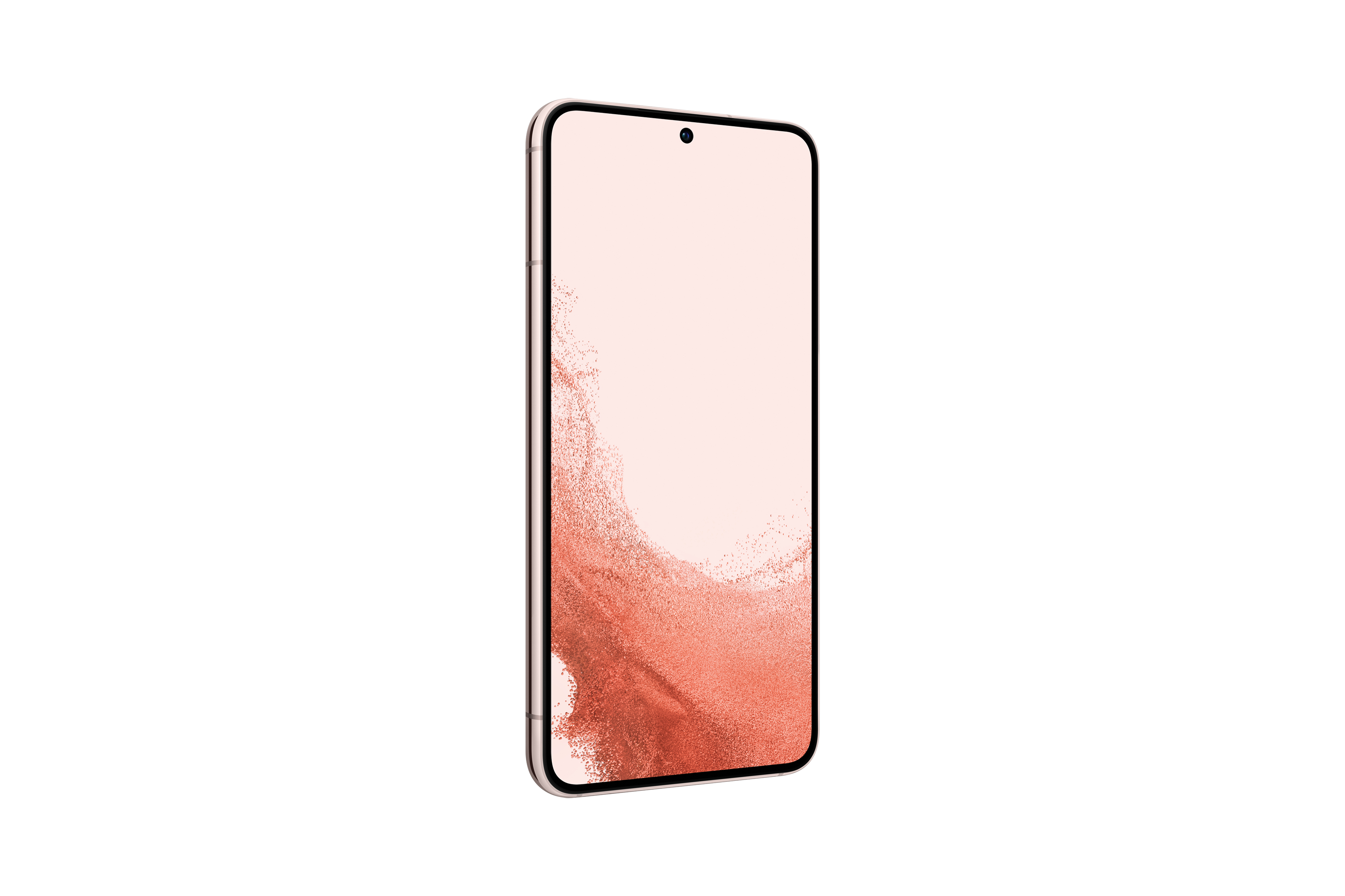 Un telefono color oro rosa con schermo rosa chiaro.