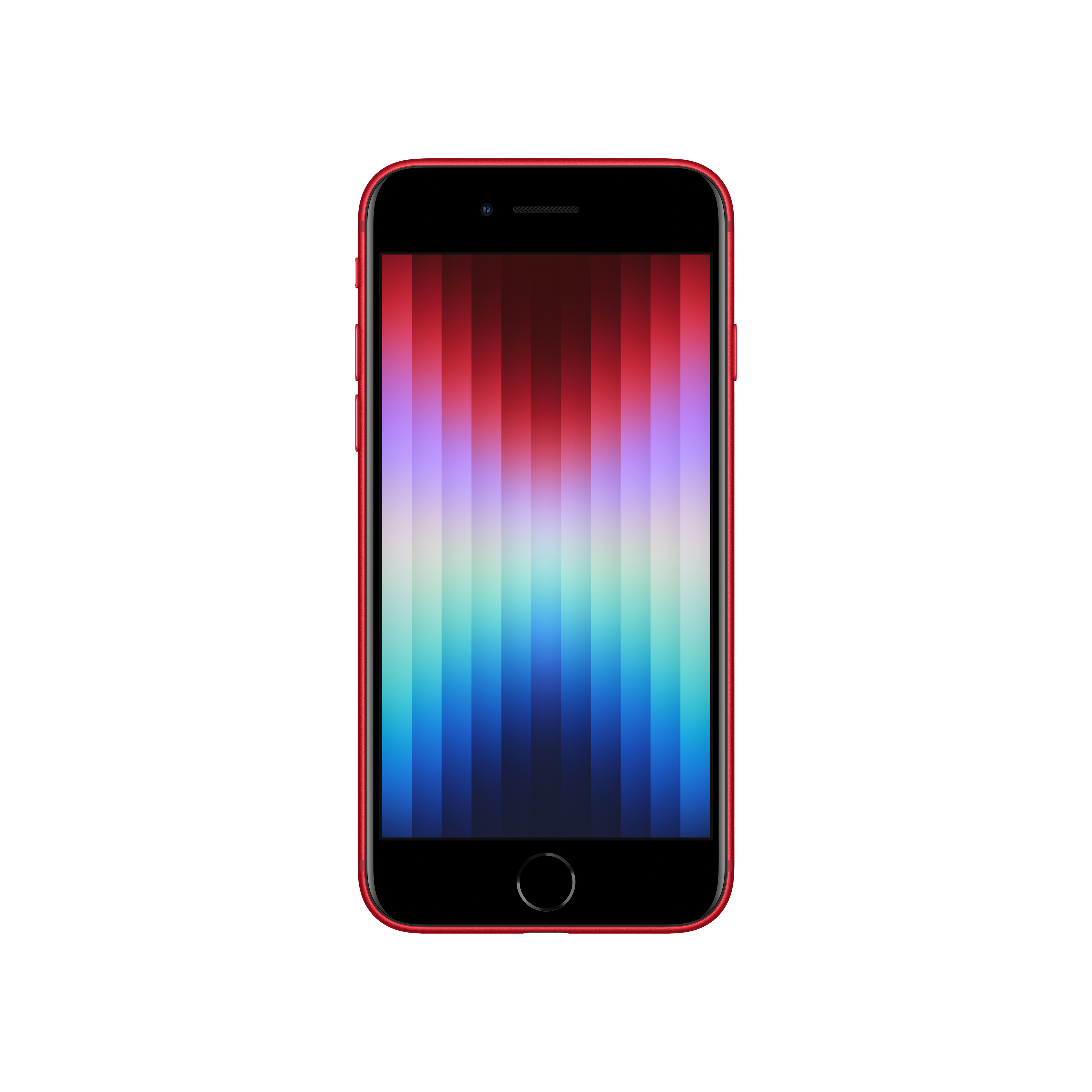 Ein rotes iPhone. Der Bildschirm hat einen bunten Streifenverlauf.