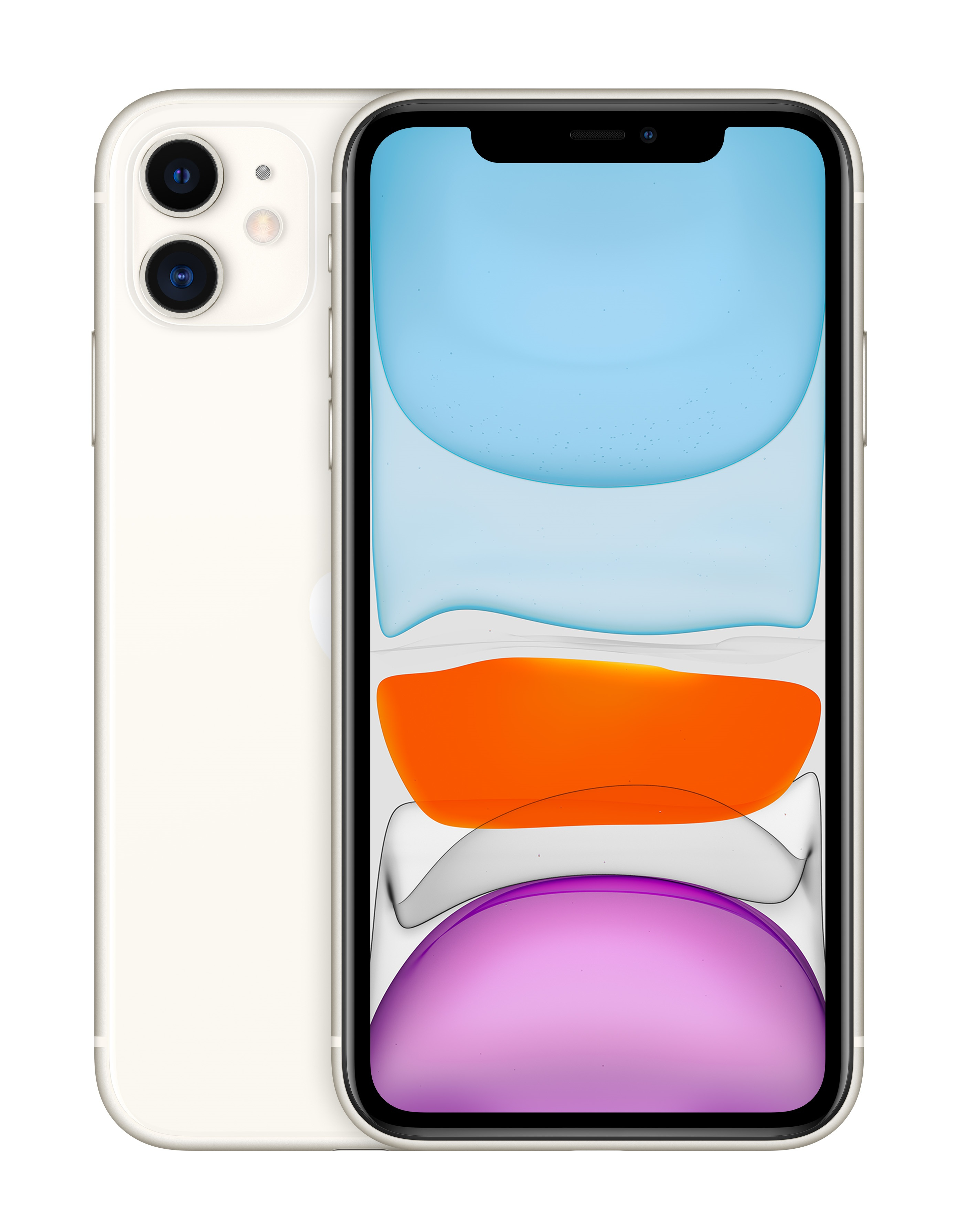 Biały iPhone 11 z dwoma tylnymi aparatami i przednim wyświetlaczem. Jest na białym tle.