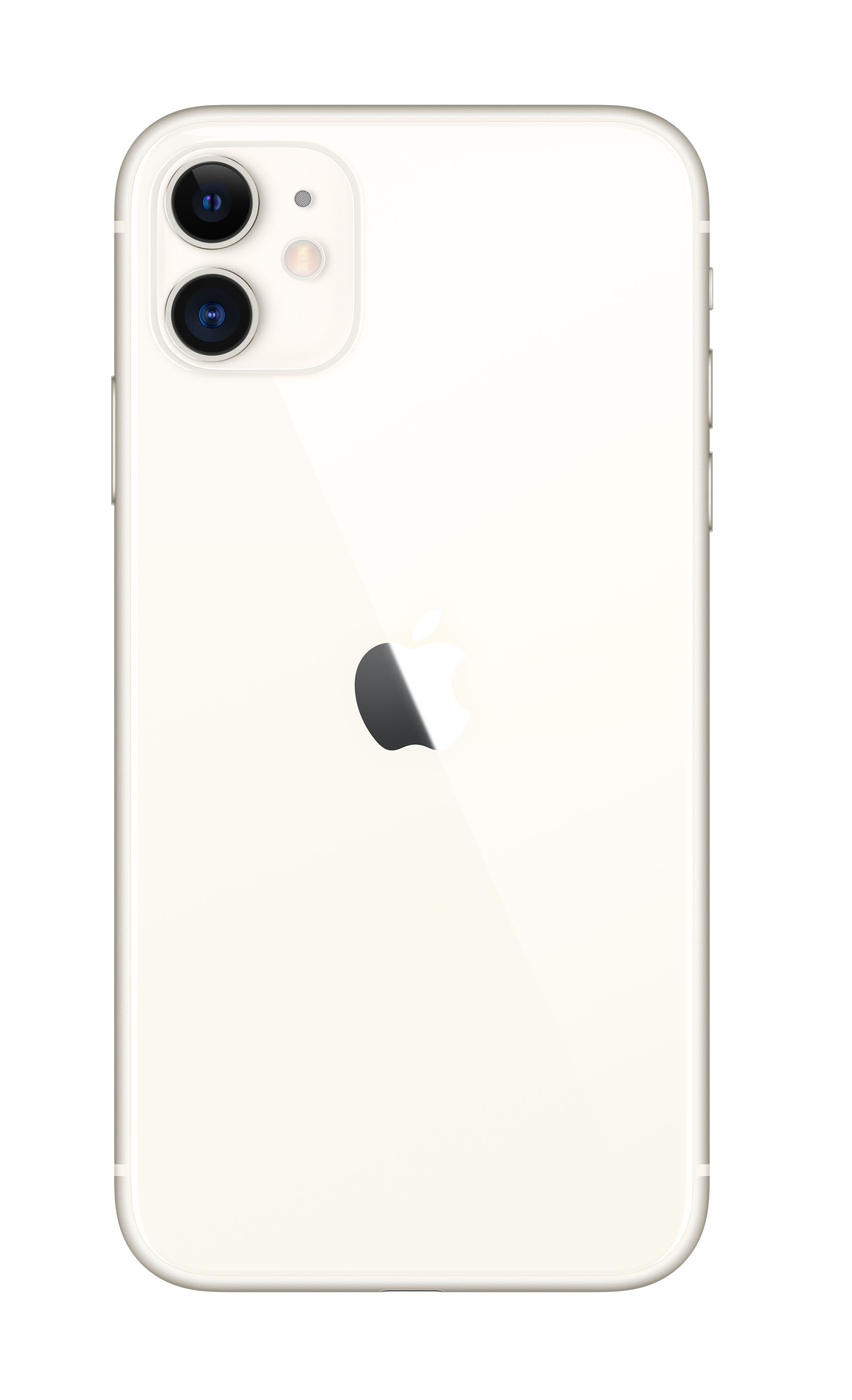 Biały tył iPhone'a 11 z dwoma aparatami i logo Apple.