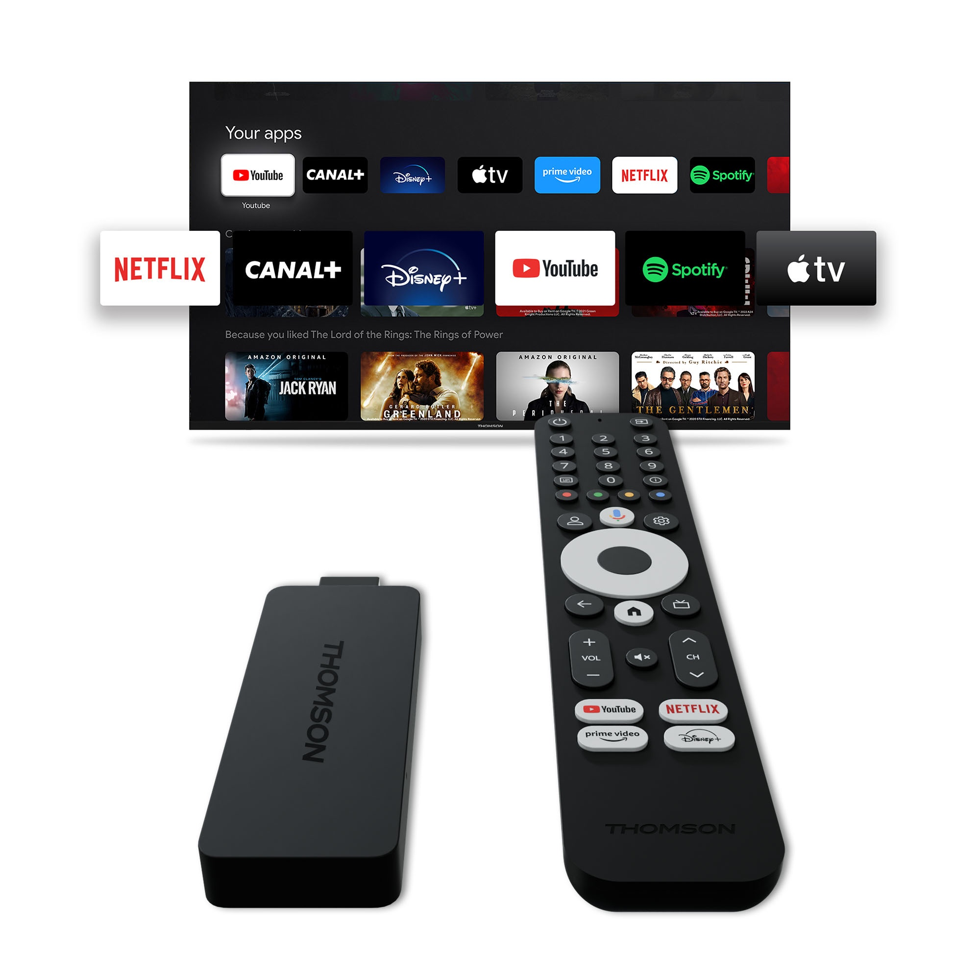 TV-Fernbedienung, Streaming-Gerät und Smart-TV mit Streaming-Dienst-Logos.