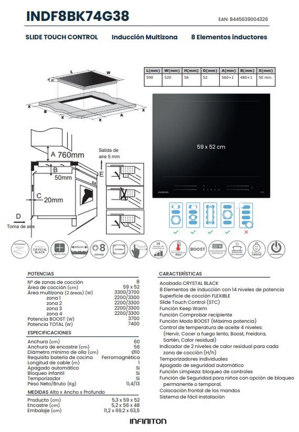 Diagrama técnico de una placa de inducción. Muestra dimensiones, elementos y panel de control. Información técnica detallada.
