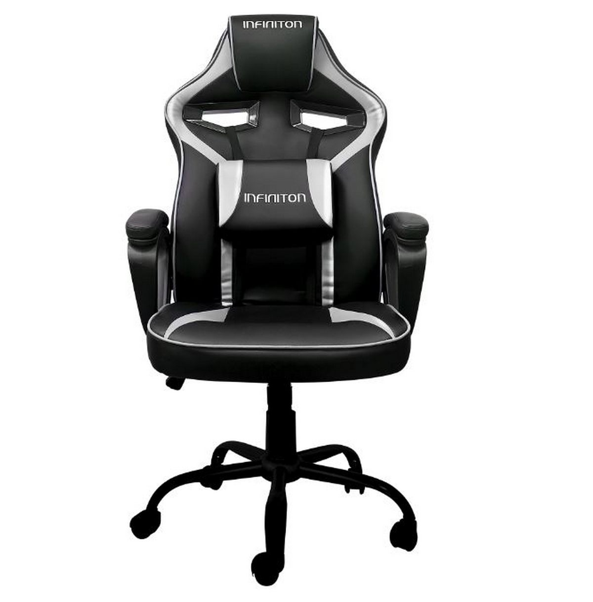 Silla gaming negra y plateada con la palabra INFINITON en el reposacabezas y respaldo, sobre fondo blanco.