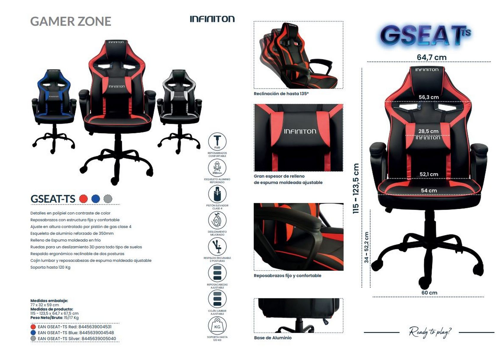 Silla gaming con diseño rojo y negro. Se muestran diagramas con medidas y características.