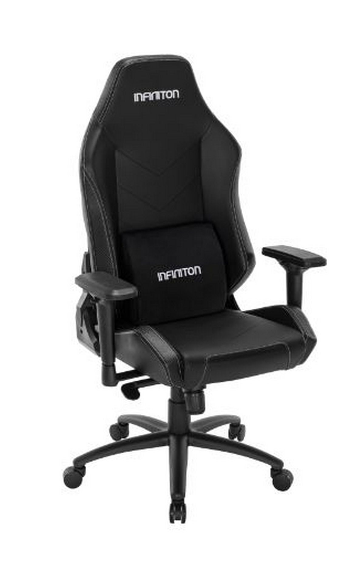 Silla gaming negra con el nombre de la marca en la parte trasera y soporte lumbar.