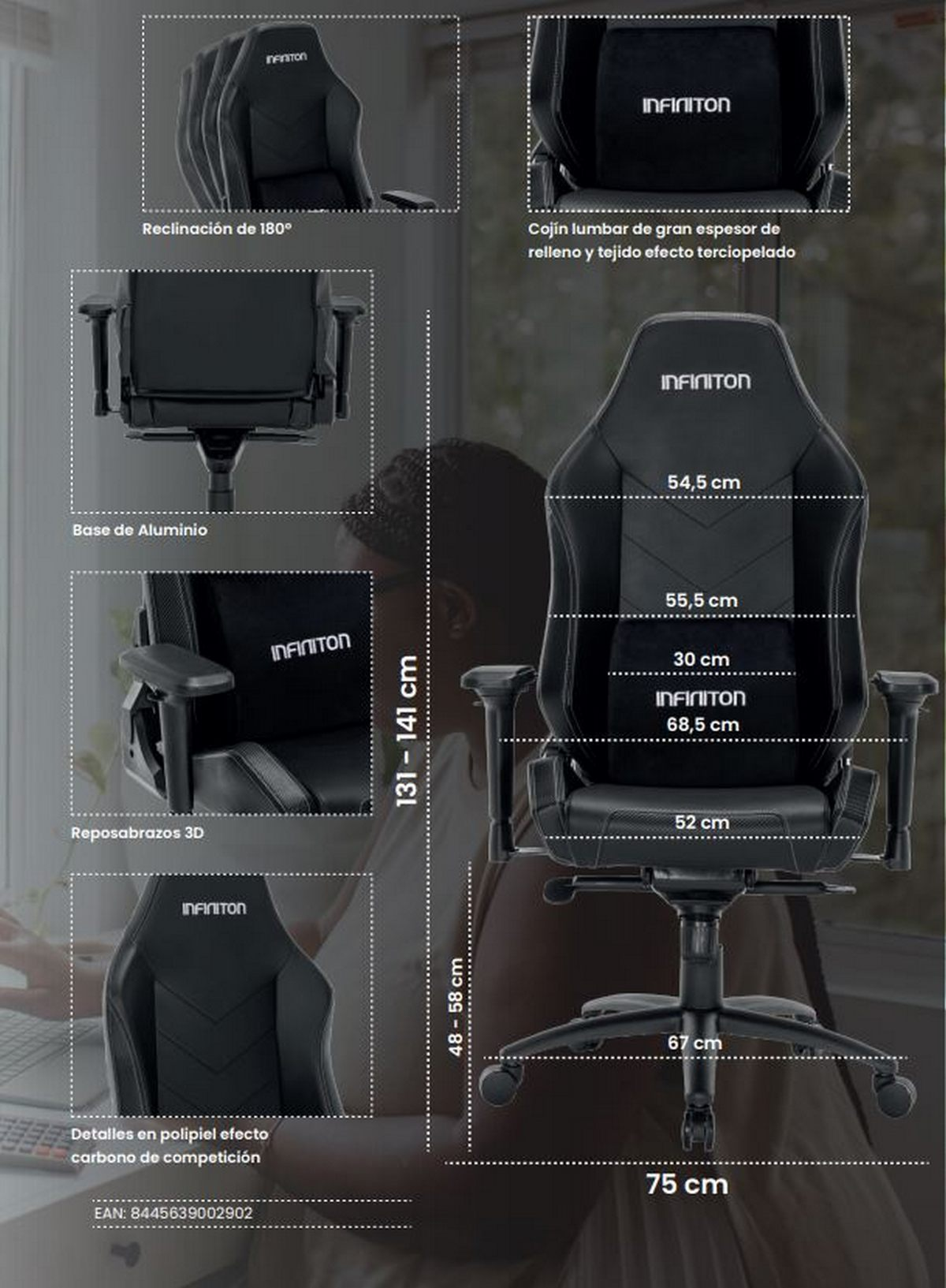 Diagrama de una silla gamer negra con dimensiones y características resaltadas, con una persona en el fondo.