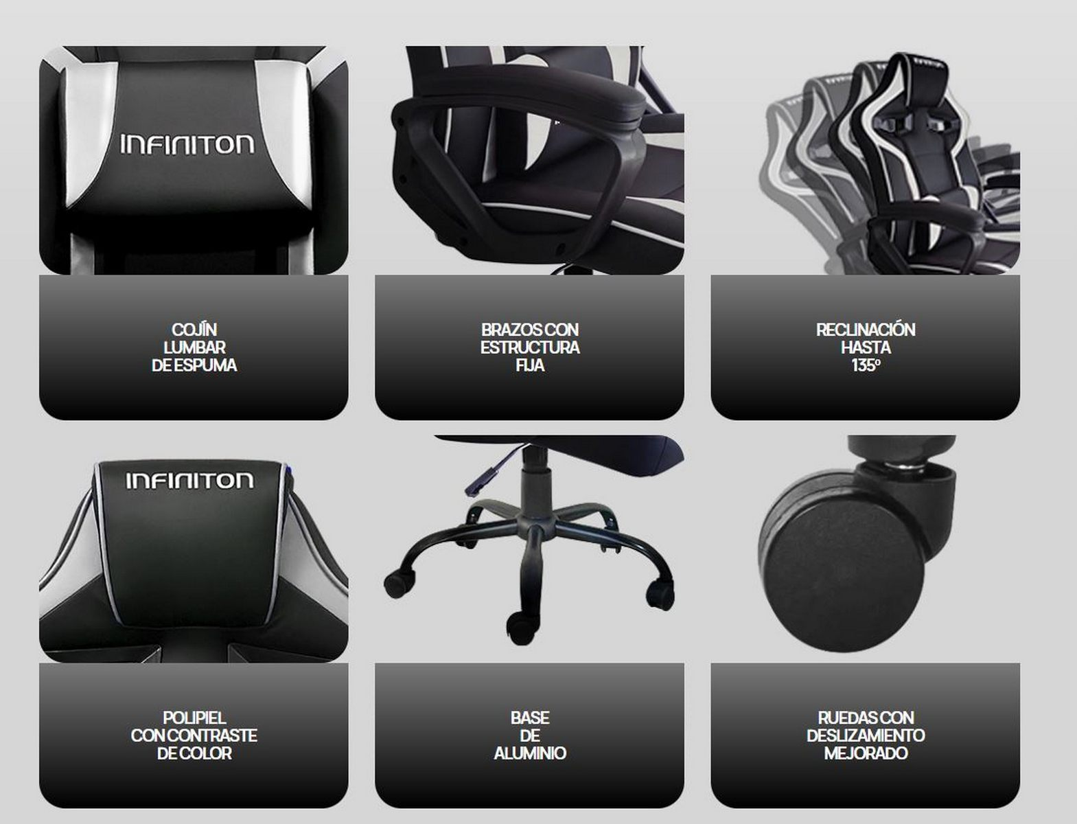 Componentes de silla gaming Infiniton mostrados con etiquetas, colores negro y plata, fondo gris.