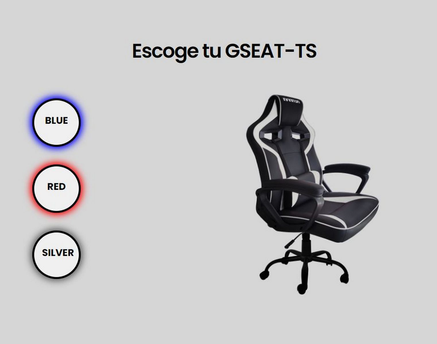 Una silla gamer con opciones de color azul, rojo y plateado sobre fondo gris claro.