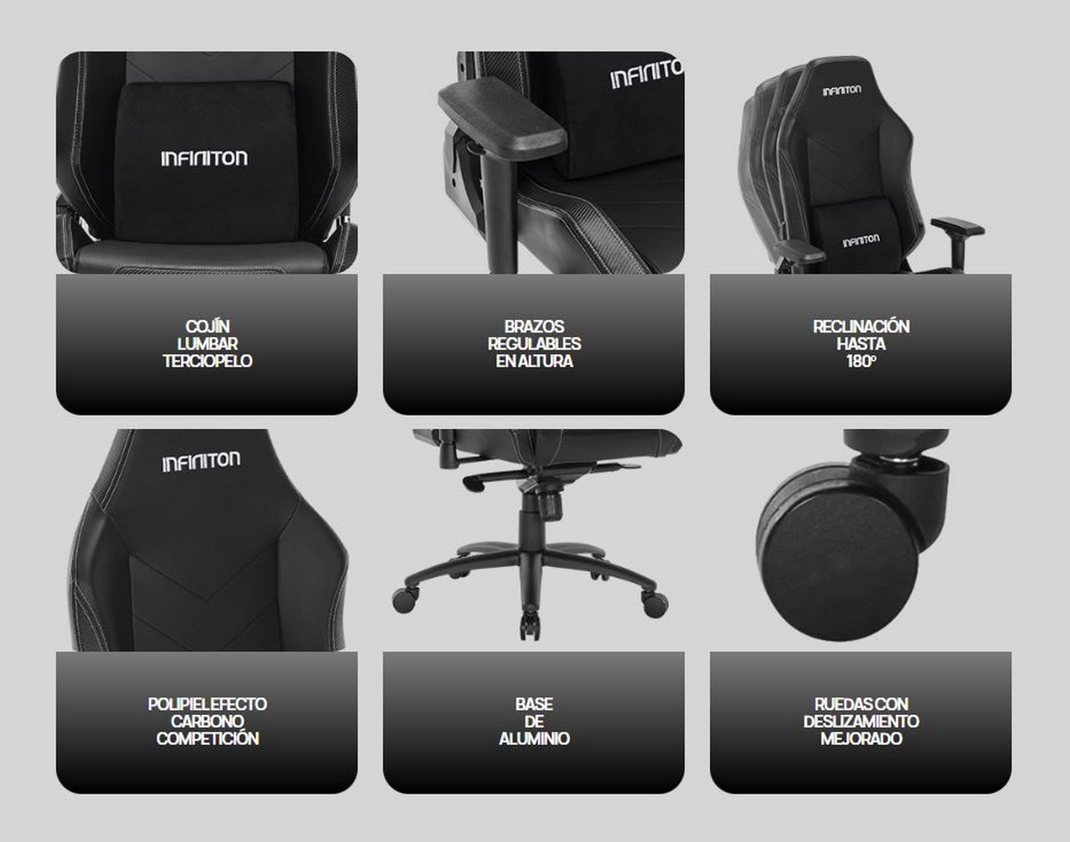 Silla gaming detallada. Muestra soporte lumbar, brazos ajustables, y reclinación a 180 grados.
