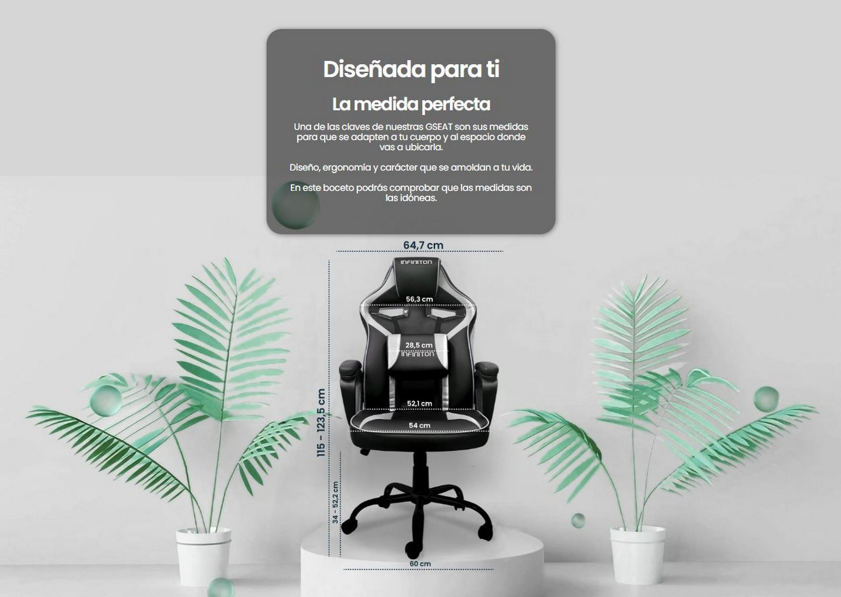 Silla gaming con dimensiones en pedestal entre plantas.