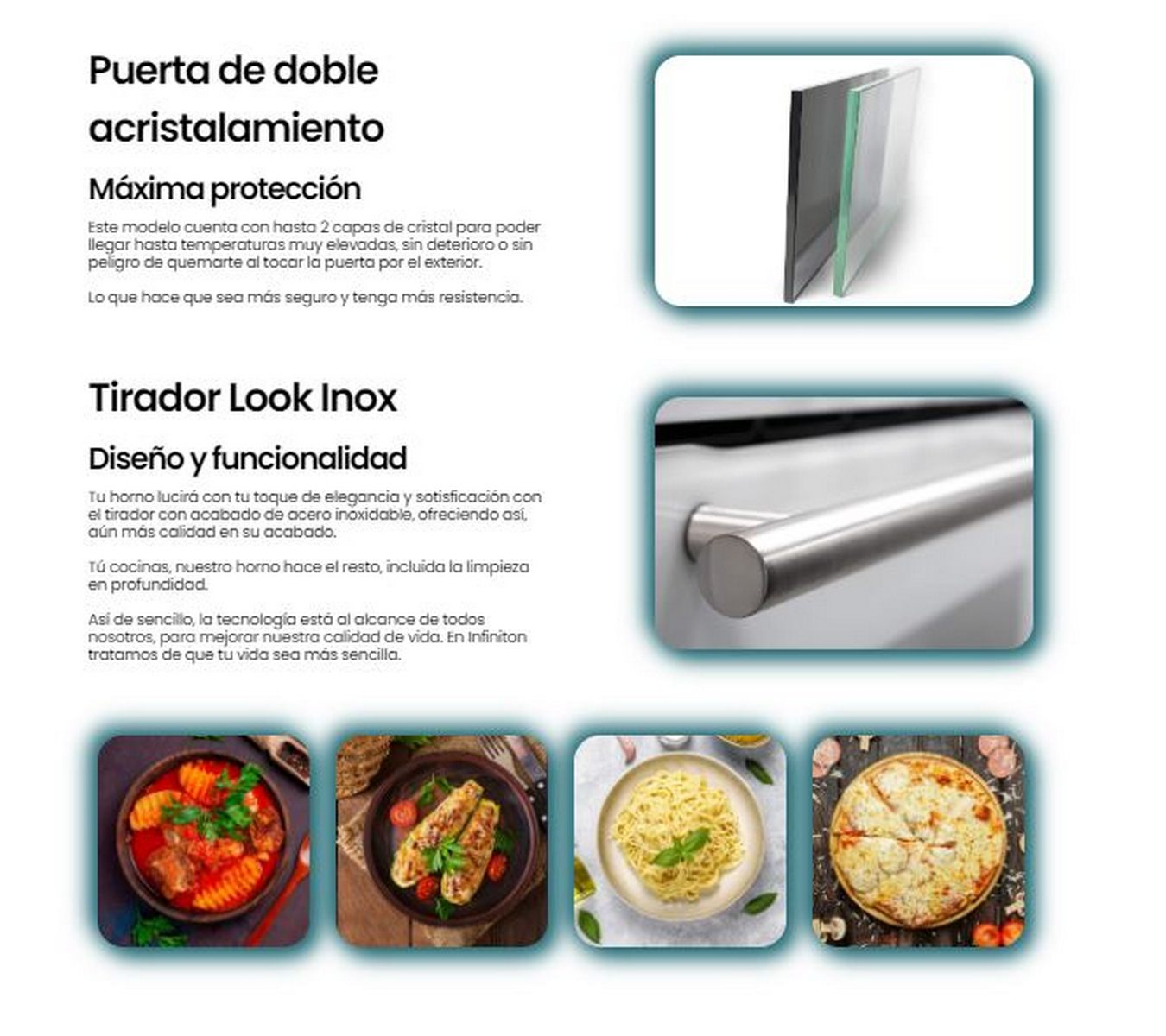 Un electrodoméstico de cocina con texto e imágenes de comida, una puerta de vidrio y un mango plateado.