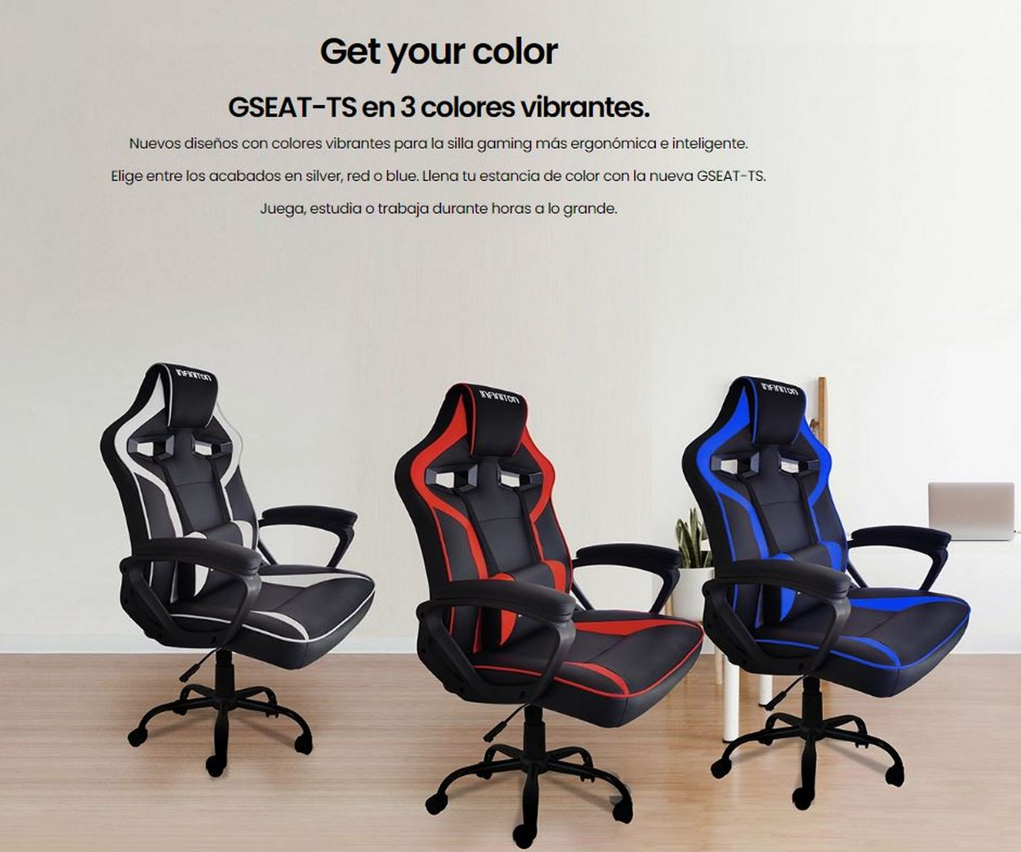 Tres sillas gaming, blanca, roja y azul, cada una con detalles en negro, se muestran en una imagen promocional.