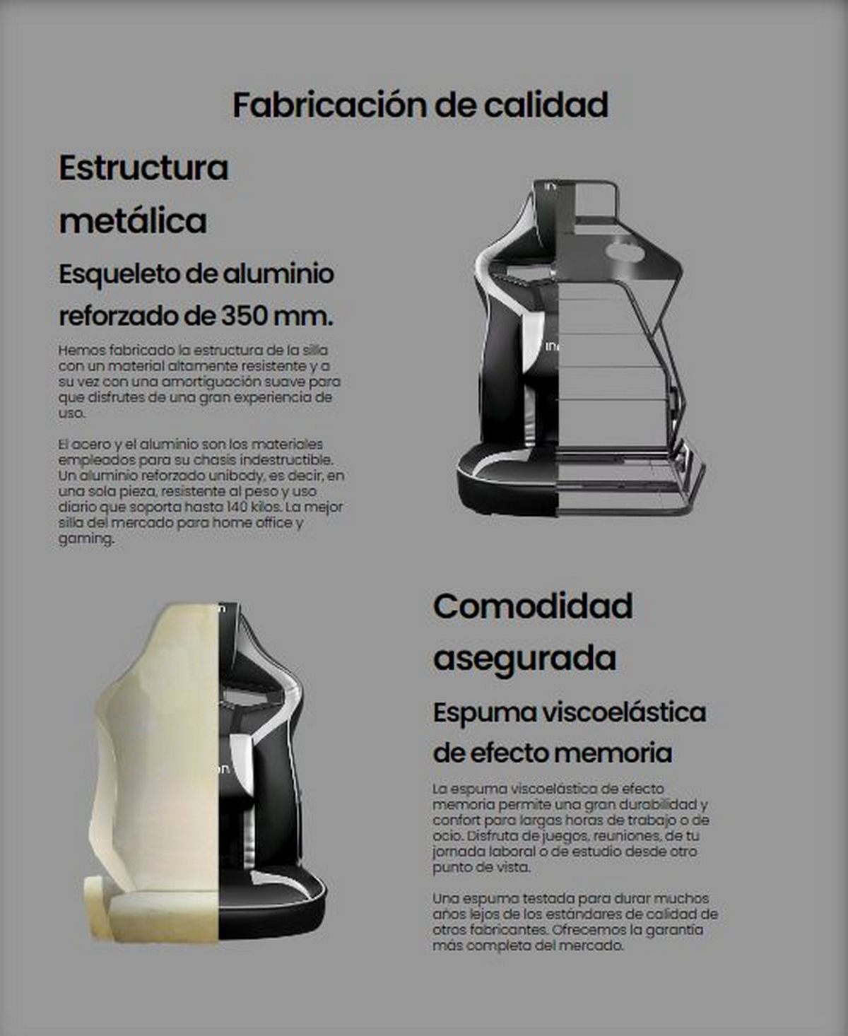 Silla con estructura metálica y aluminio reforzado. Texto sobre calidad y comodidad.