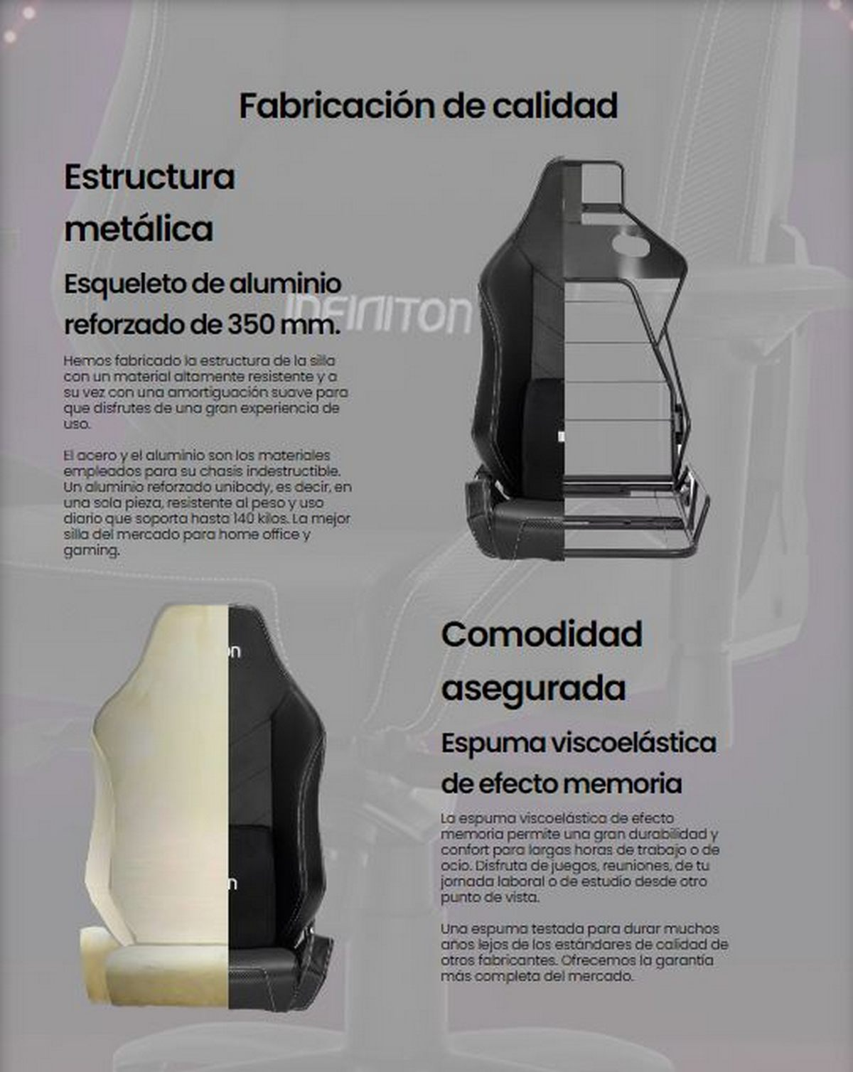 Diagrama que muestra la construcción de una silla con texto en español sobre su calidad y comodidad.