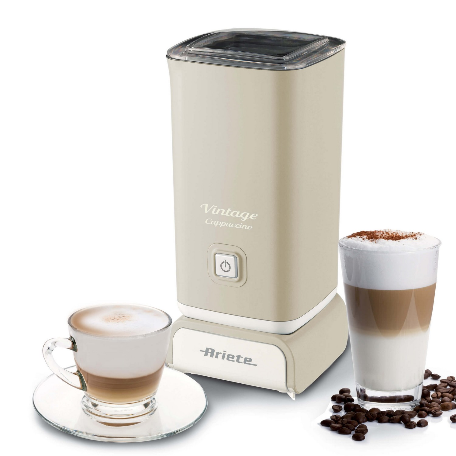 Beiger Vintage-Cappuccino-Maker mit zwei Kaffeegetränken und Kaffeebohnen.