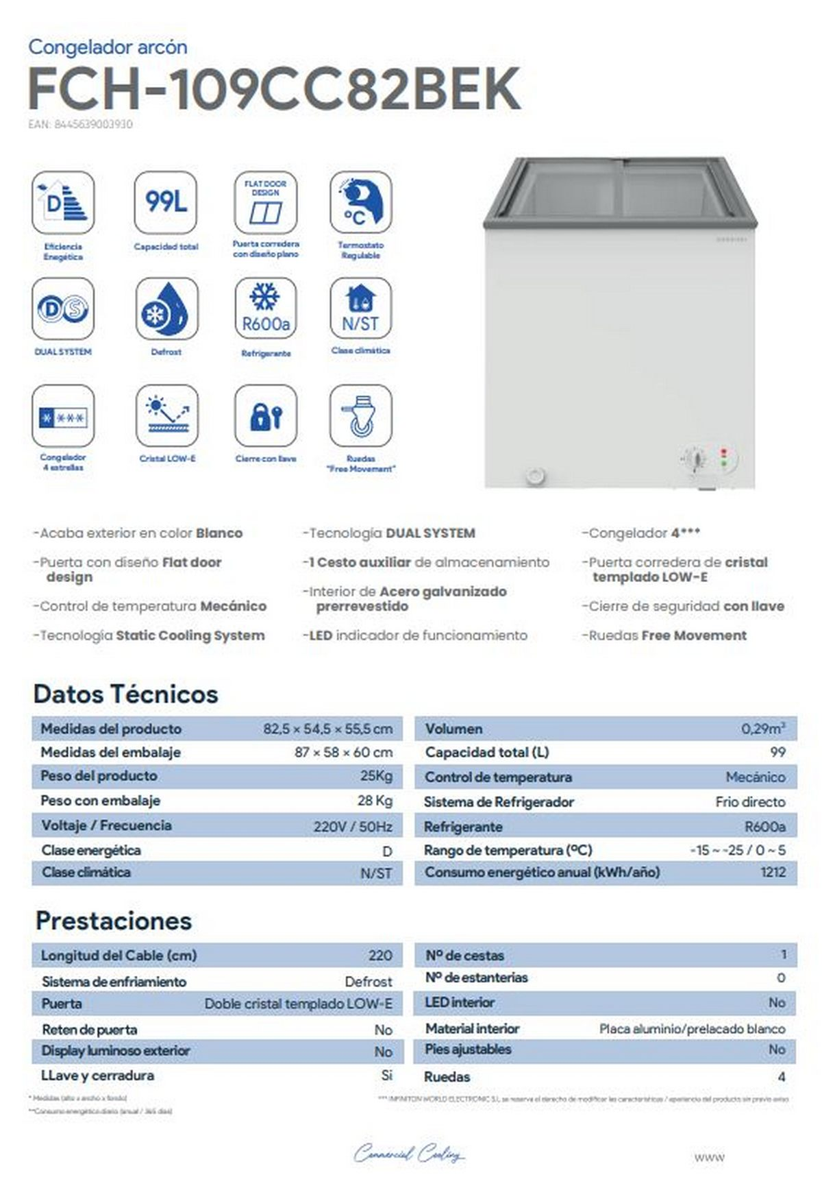 Congelador blanco con tapa negra, mostrando detalles y texto.