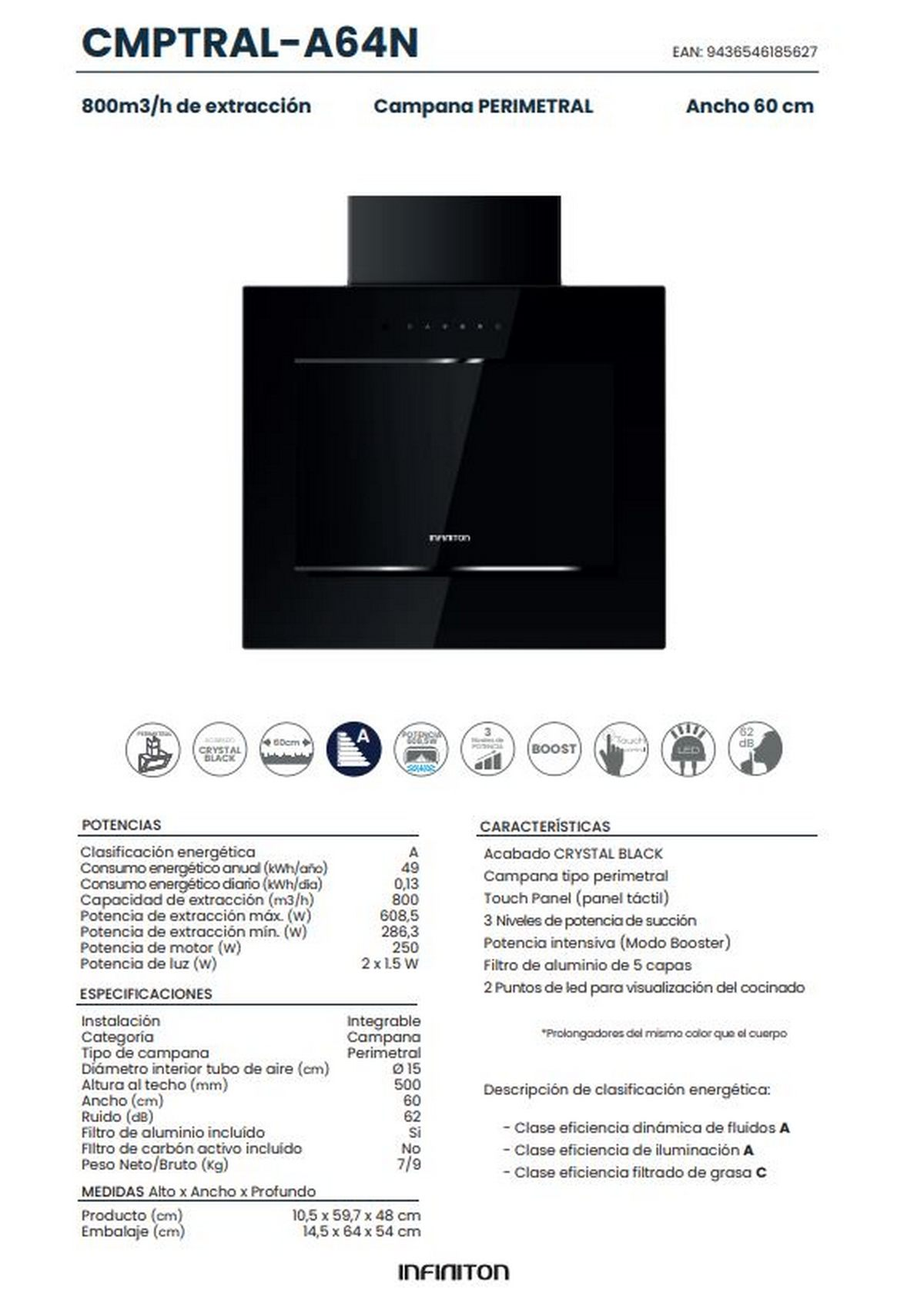 Campana extractora negra con especificaciones. Texto e iconos visibles.