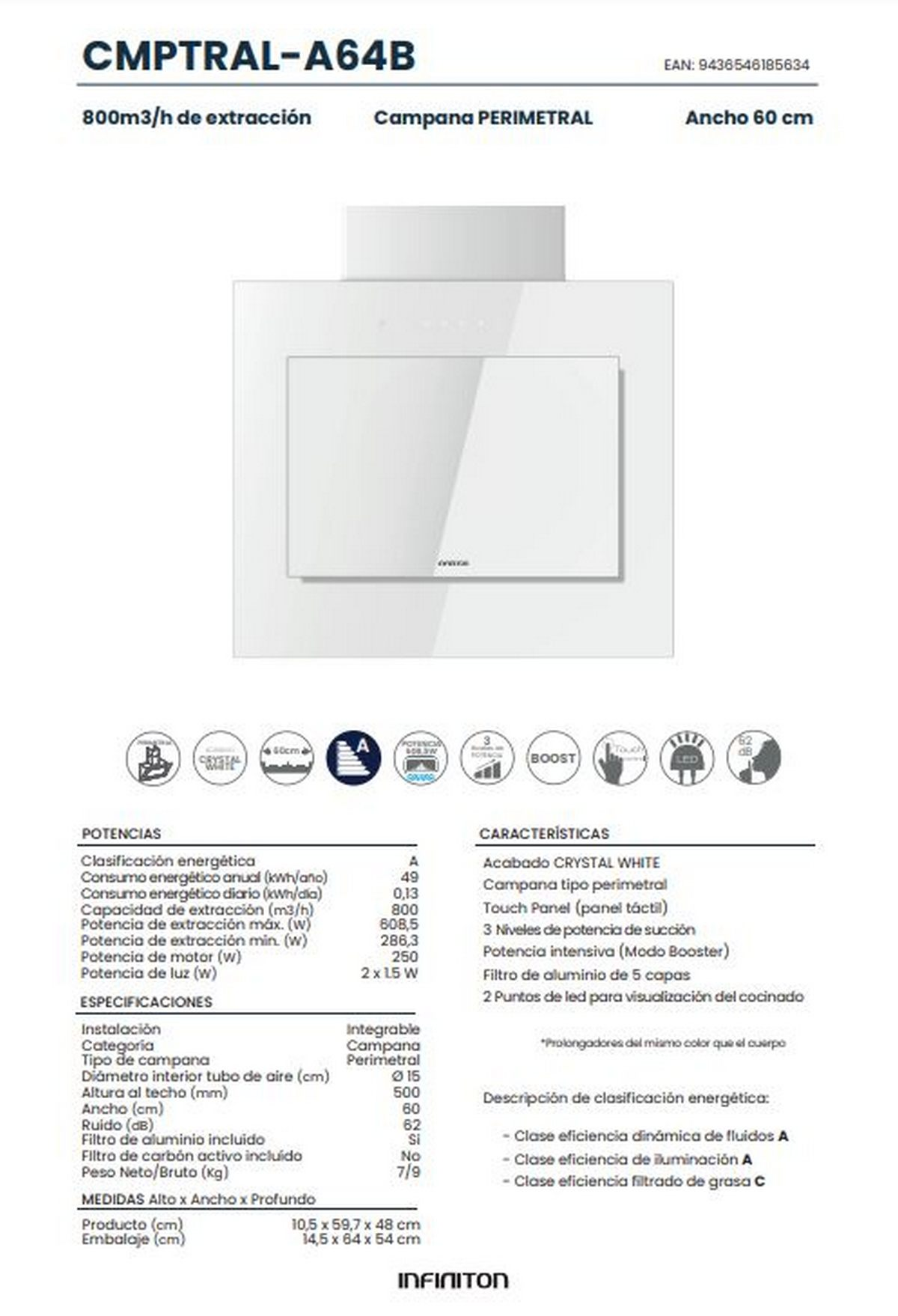 Una campana extractora blanca con especificaciones. Texto e iconos sobre fondo blanco con borde negro.
