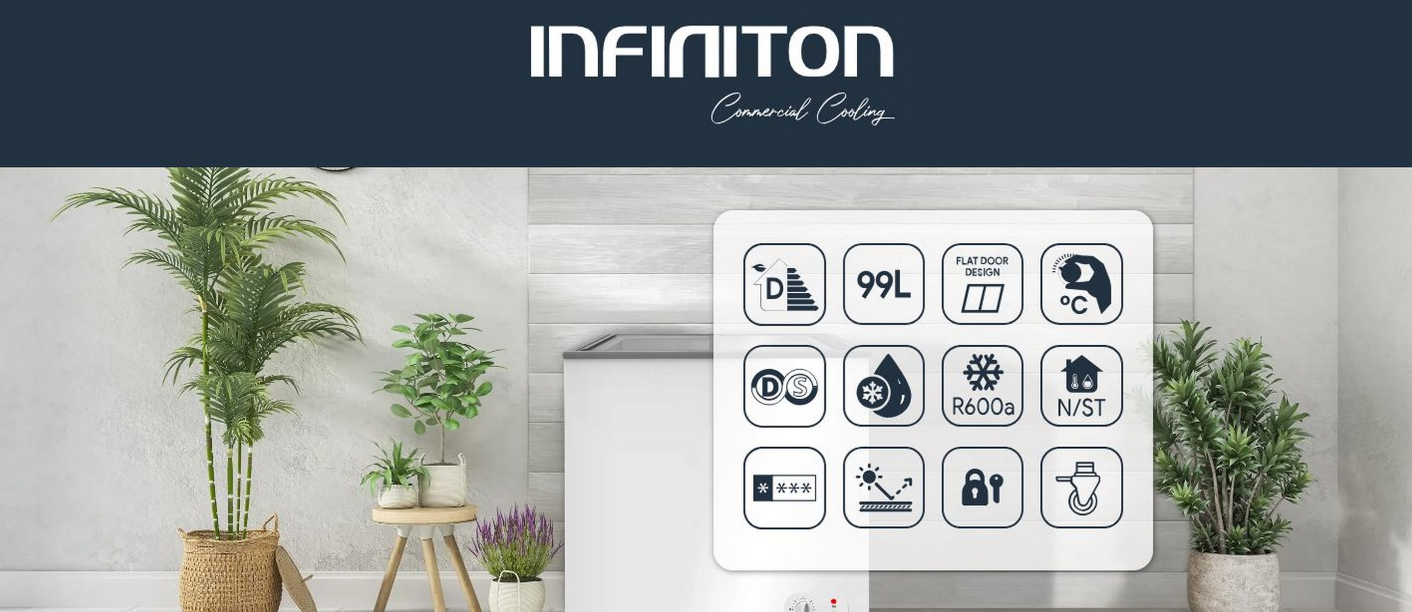 Un congelador blanco con iconos y texto en la parte delantera. Un letrero que dice Infinition. Plantas en el fondo.