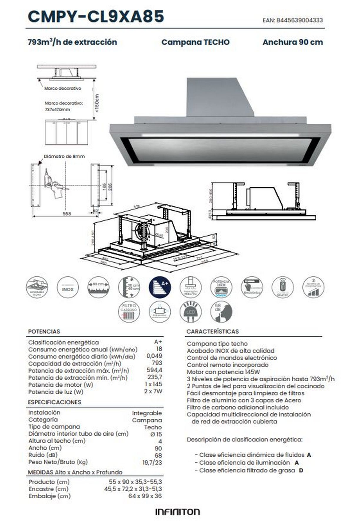 Dibujo técnico de una campana extractora, mostrando dimensiones, flujo de aire y especificaciones.