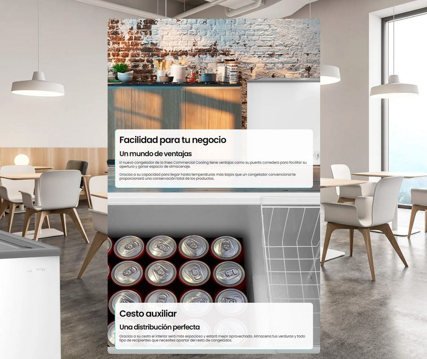 Una escena de cocina moderna con superposiciones de texto que muestran las características y beneficios del refrigerador.