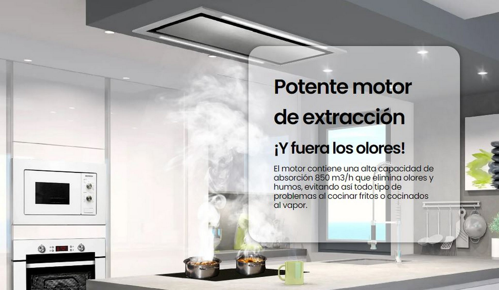Una escena de cocina con una campana extractora y texto que describe su potente extracción.