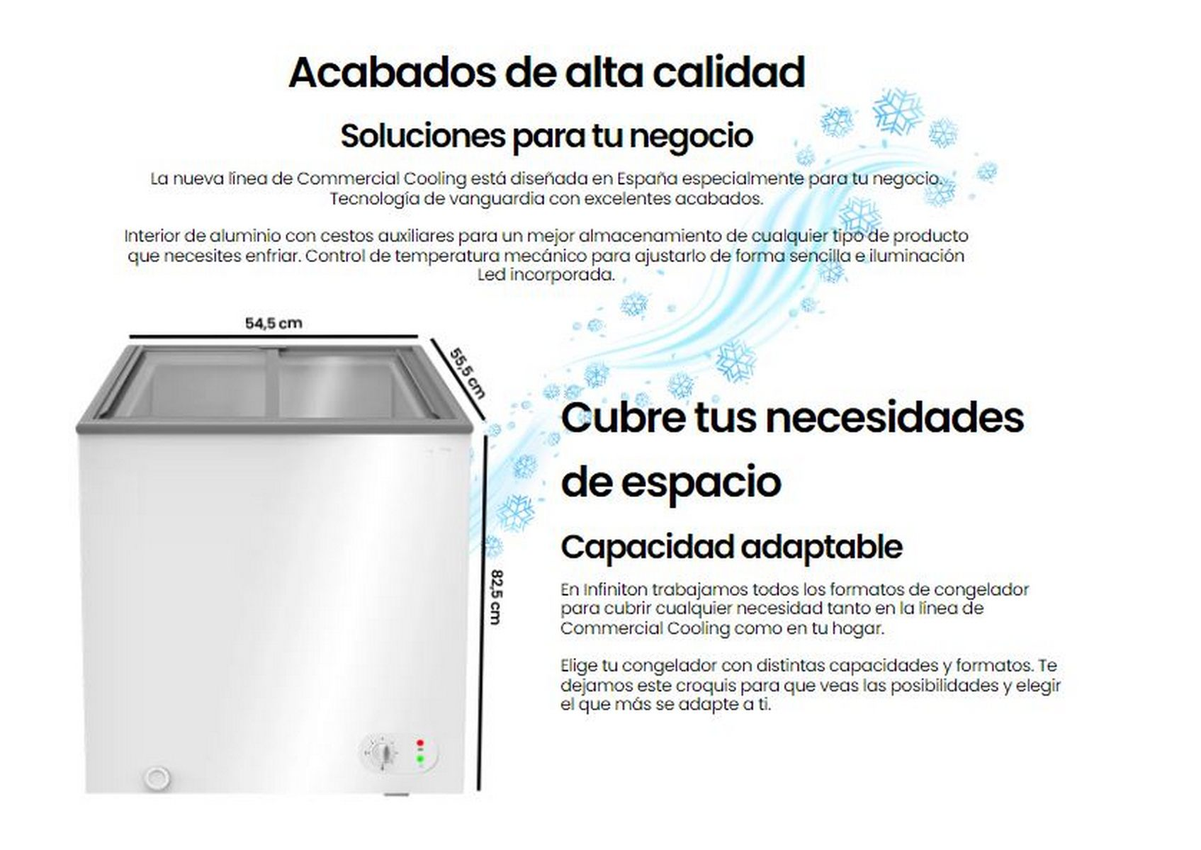 Congelador horizontal blanco con superposición de texto. Muestra dimensiones, un diagrama y texto en español.