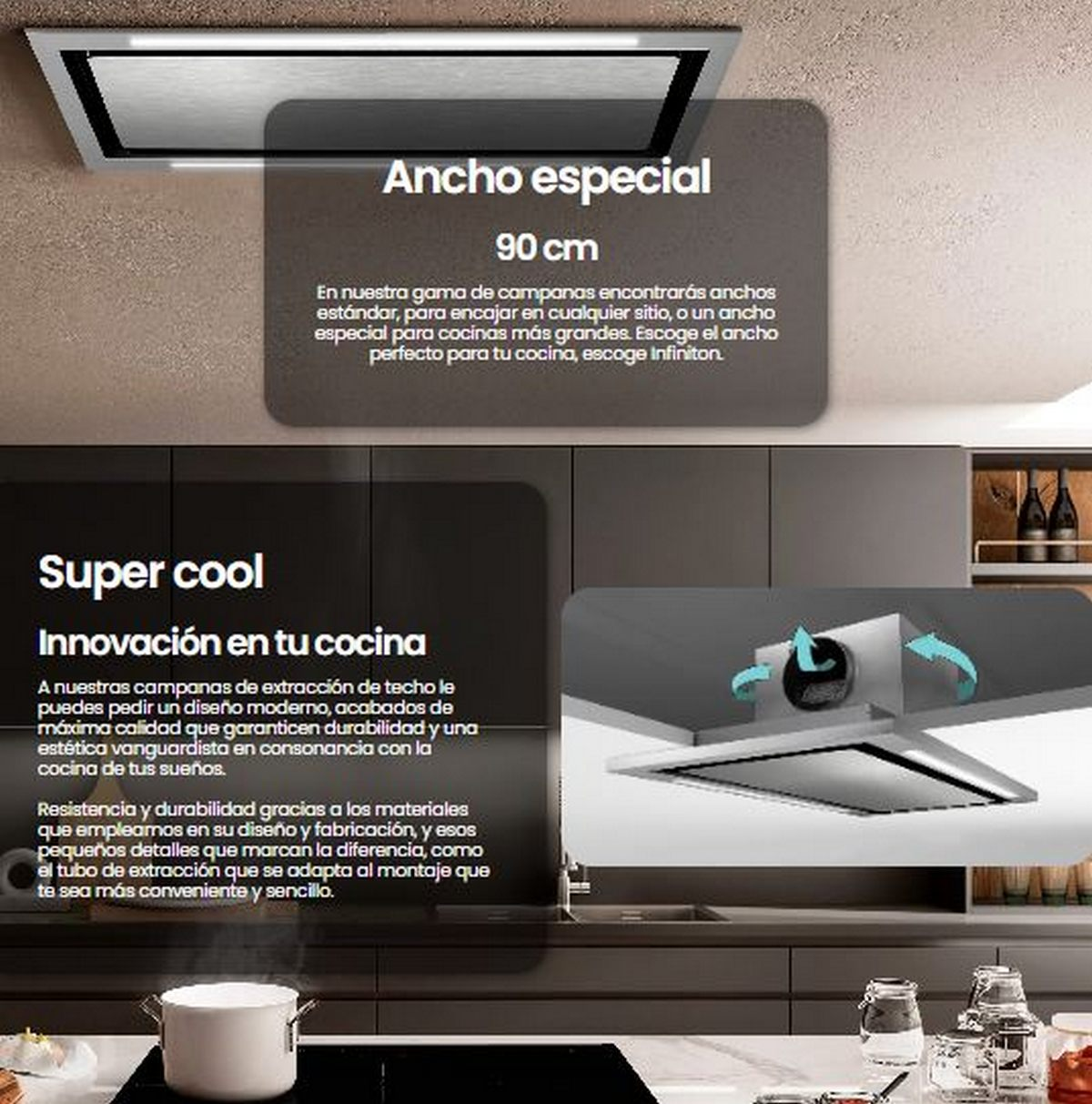 Escena de cocina con campana extractora y texto sobre sus características.