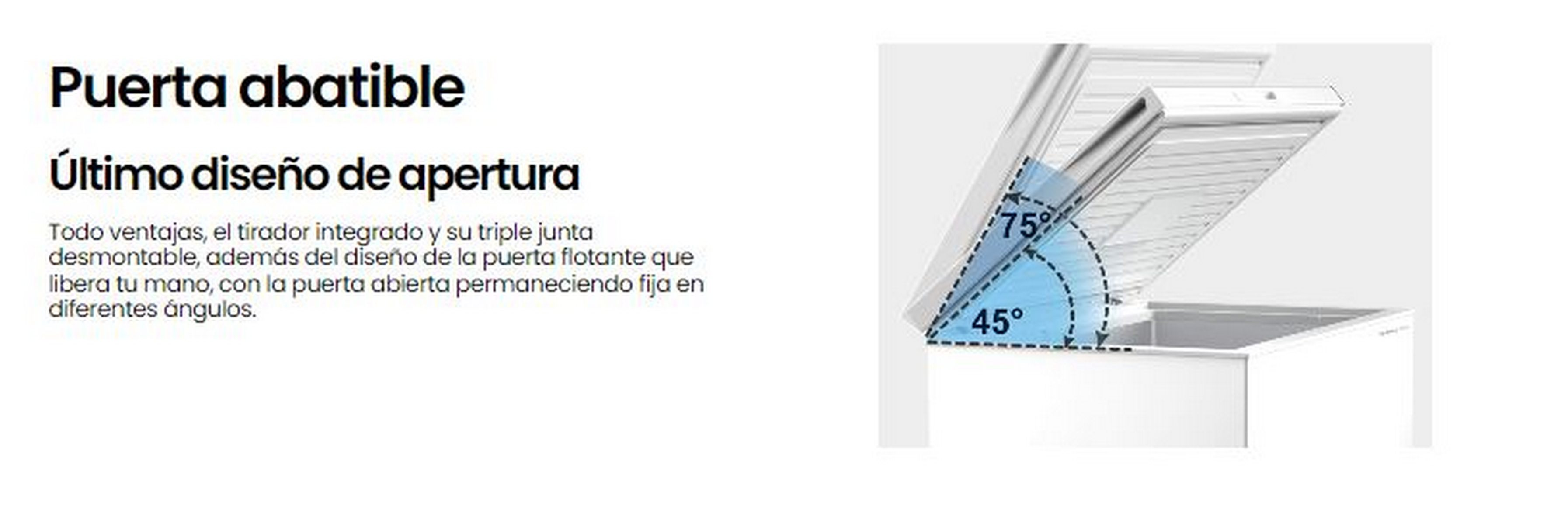 Diagrama muestra puerta de refrigerador blanca abriéndose a 45, 75 grados, resaltando diseño.