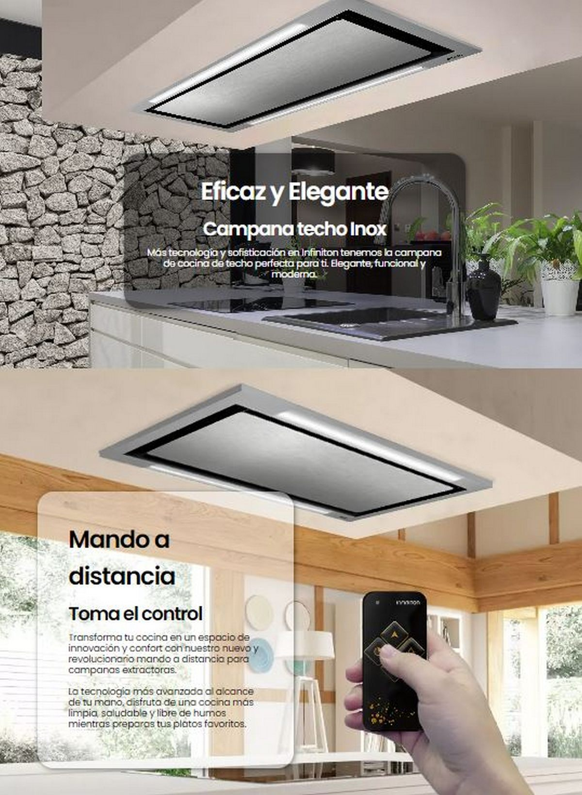 Una cocina con una moderna campana extractora de acero inoxidable con texto e información sobre el producto y un mando a distancia.