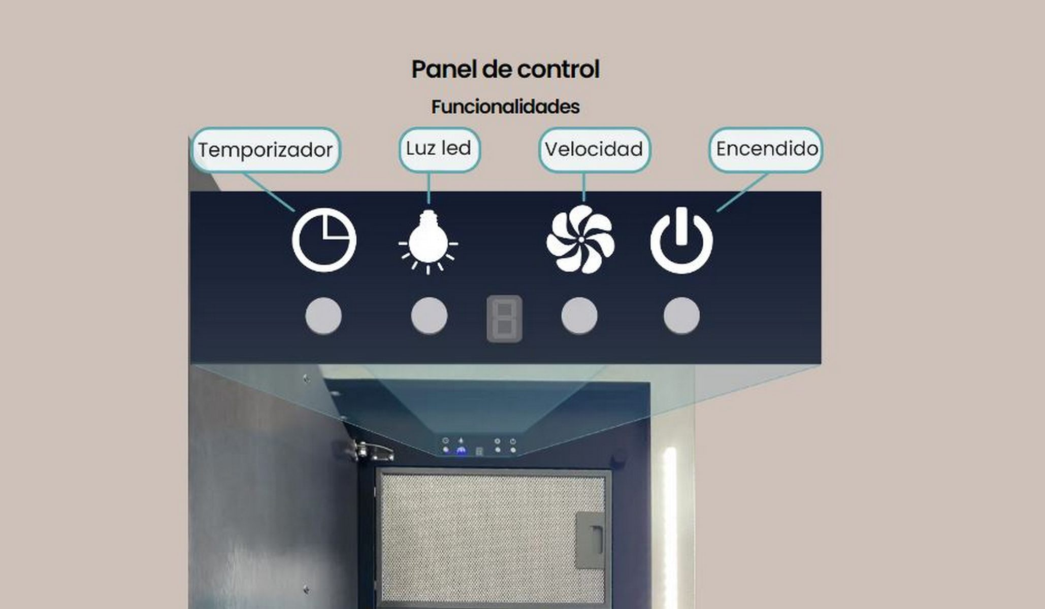 Panel de control con botones para temporizador, luz, velocidad y encendido sobre campana.