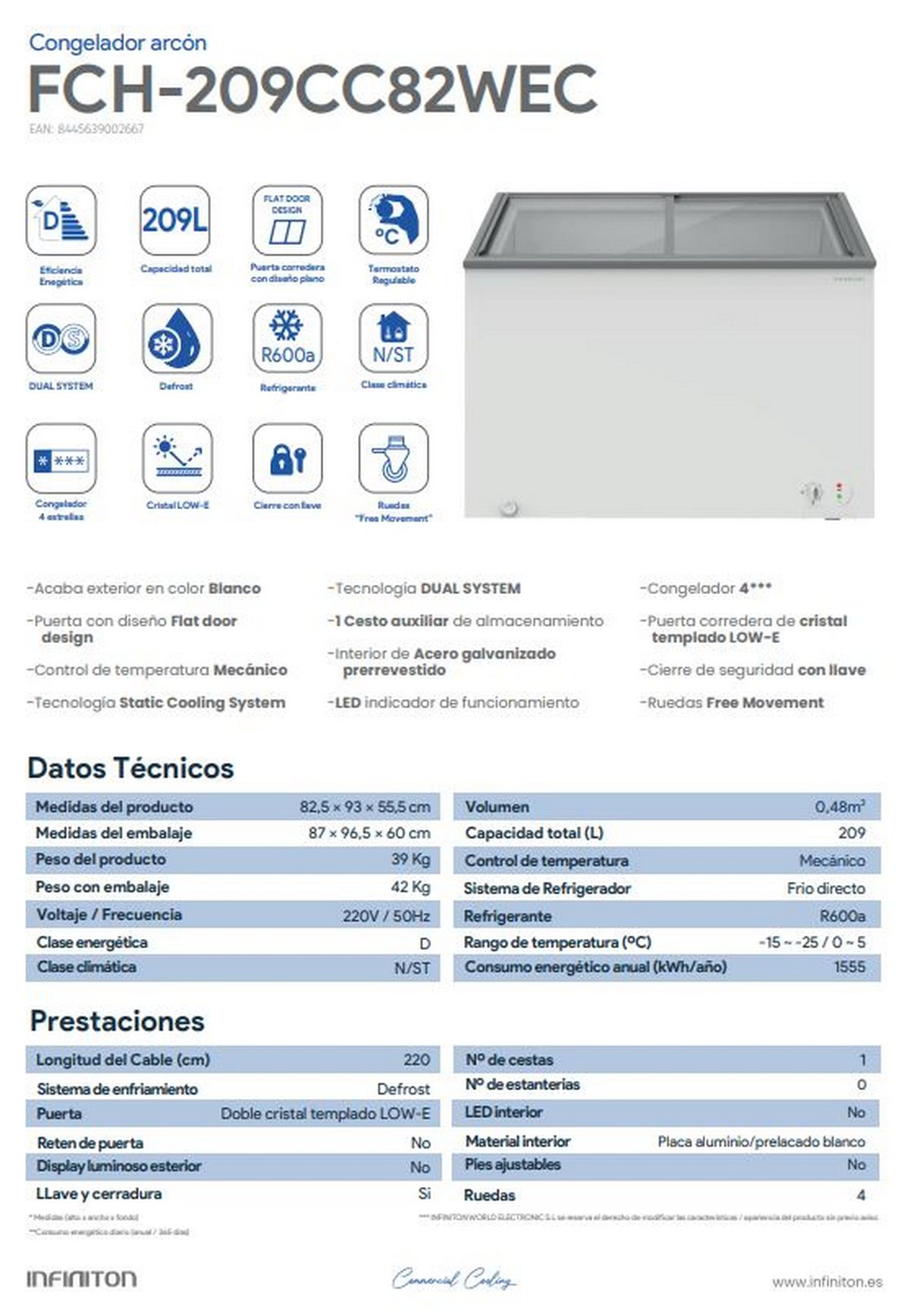 Congelador blanco con diseño de puerta plana. El panel frontal tiene información del producto e iconos.