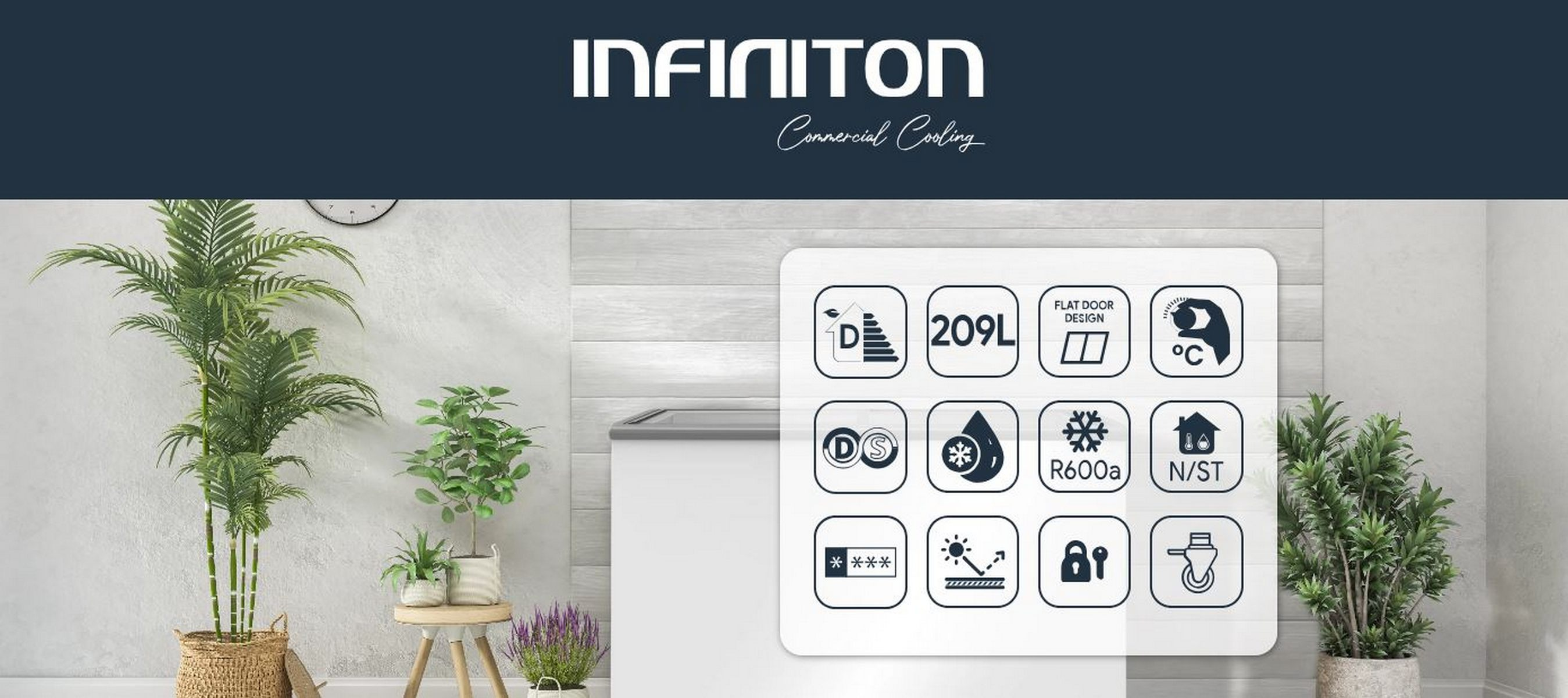 Una imagen promocional muestra un refrigerador con iconos y texto. El fondo incluye plantas y una pared de madera.