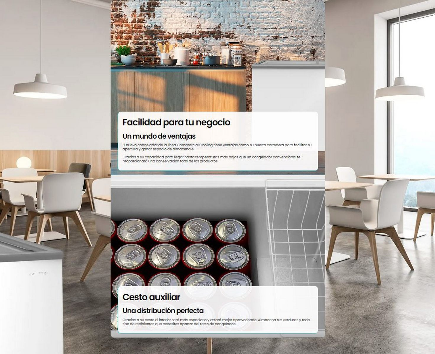 Vista interior, un refrigerador con bebidas enlatadas. Ambiente de cocina con mesas y sillas.