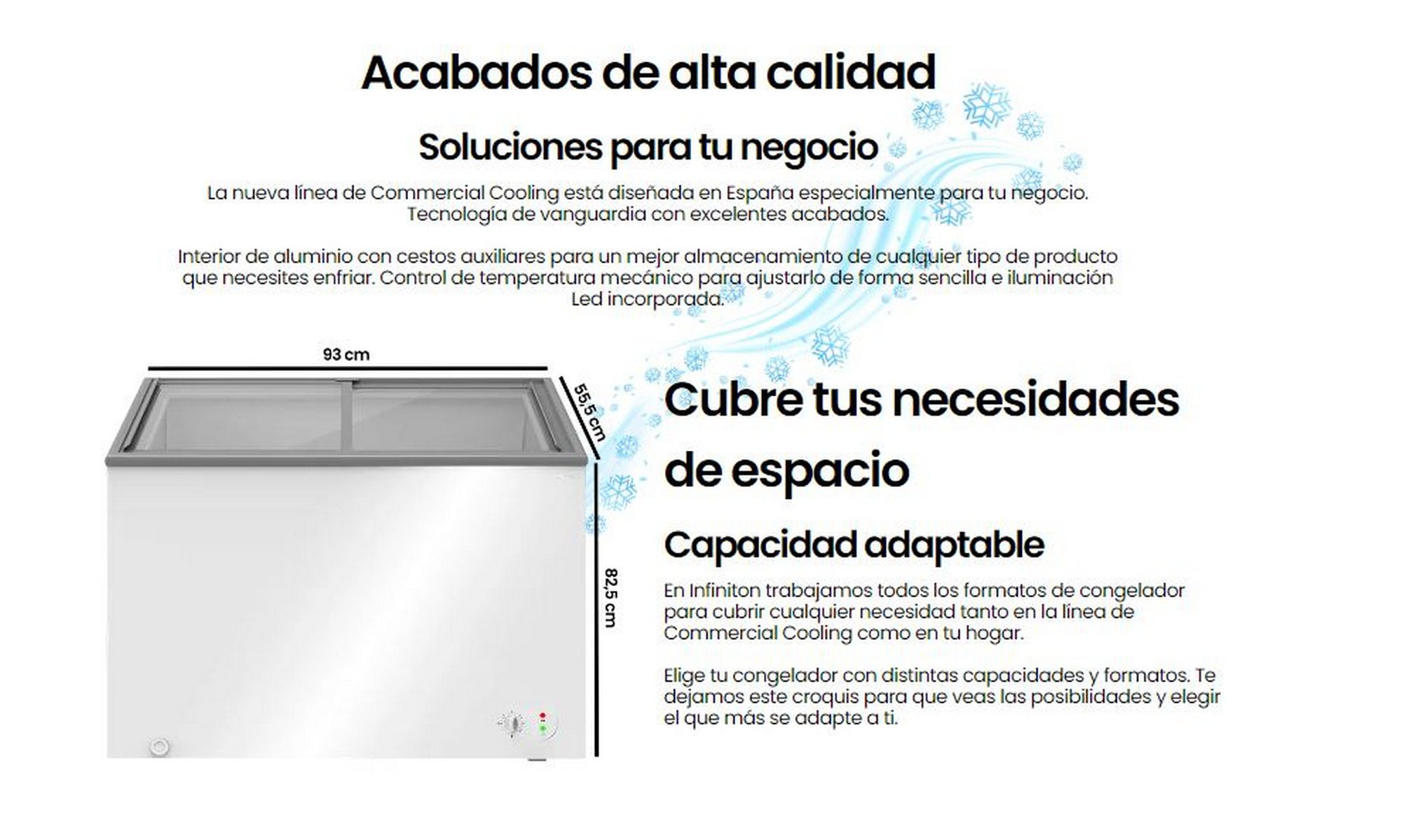 Congelador blanco con tapa de vidrio. Texto en español describe características y dimensiones.