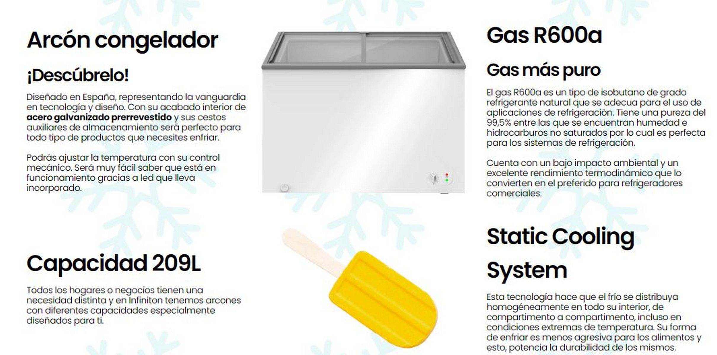 Texto informativo sobre fondo blanco, con un helado de paleta a un lado. Un congelador blanco es visible.