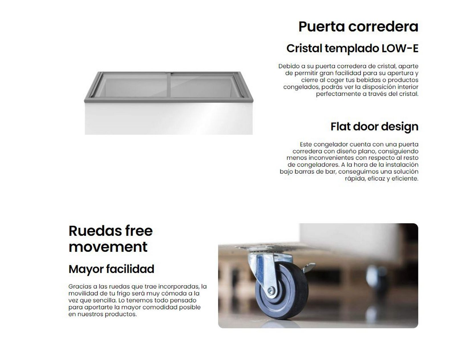 Un congelador blanco con puerta corredera y ruedas. El texto describe características y el diseño de la puerta.